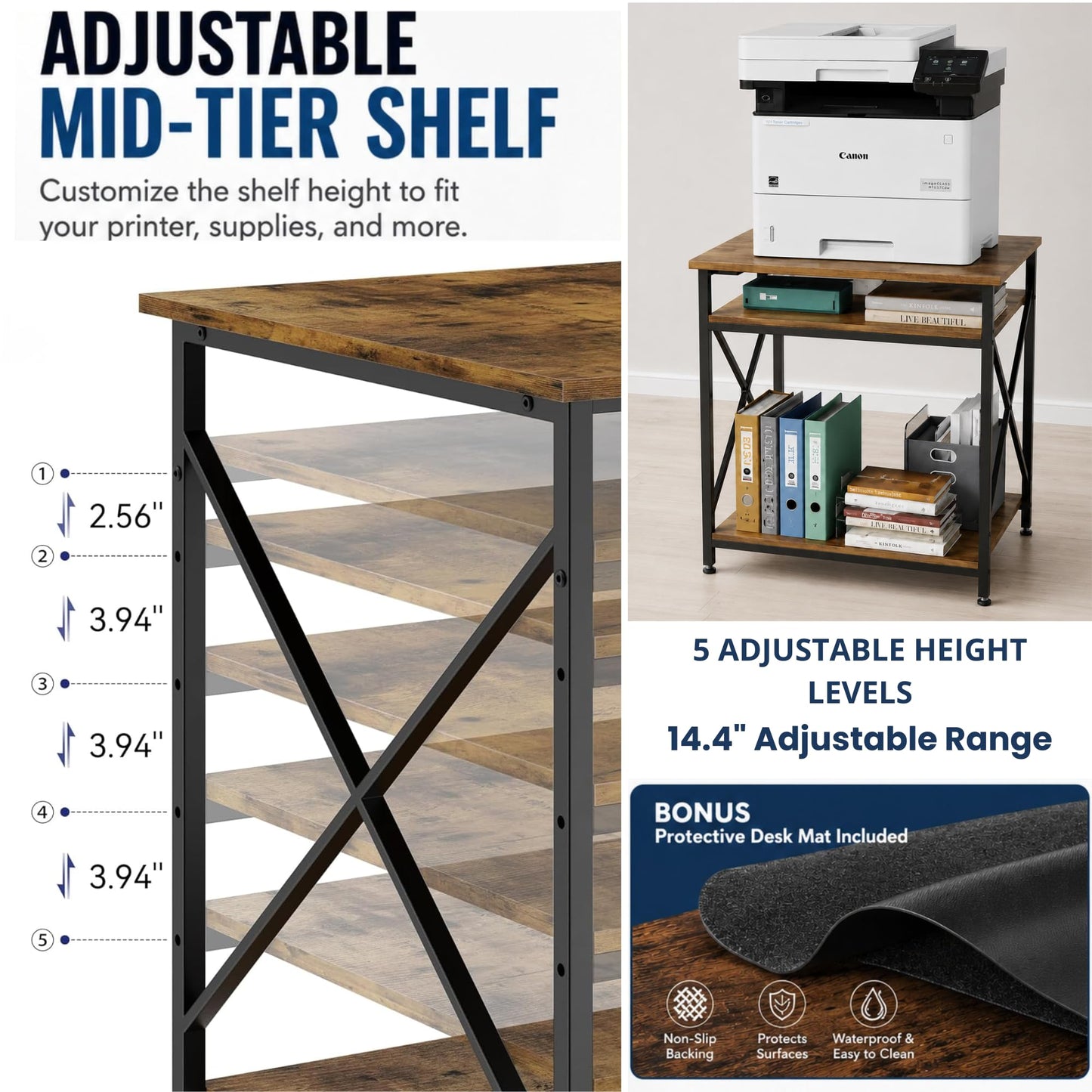 LuxConde Printer Station & Non-Slip Protective Desk Mat, 23.6 x 23.6 x 30.3 in, Adjustable Storage Shelf, Mueble para Impresora, Office Printer Table for Large Printers, Home Office Organization