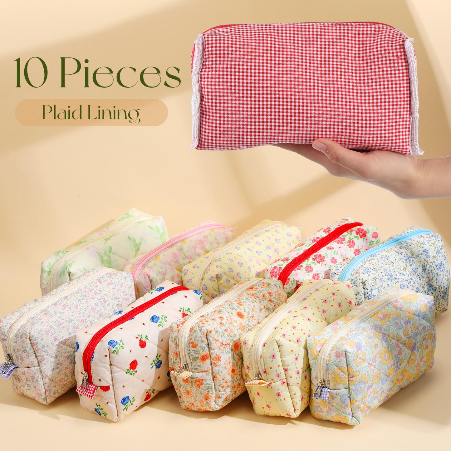 Paterr 10 Pcs Quilted Makeup Bag Bulk Cotton Floral Cosmetic Bag Women Girls Bridesmaid Gifts Cute Makeup Pouch Coquette Aesthetic Travel Toiletry Organizer(Classic Style,7.87 x 4.72 x 3.15 Inches)
