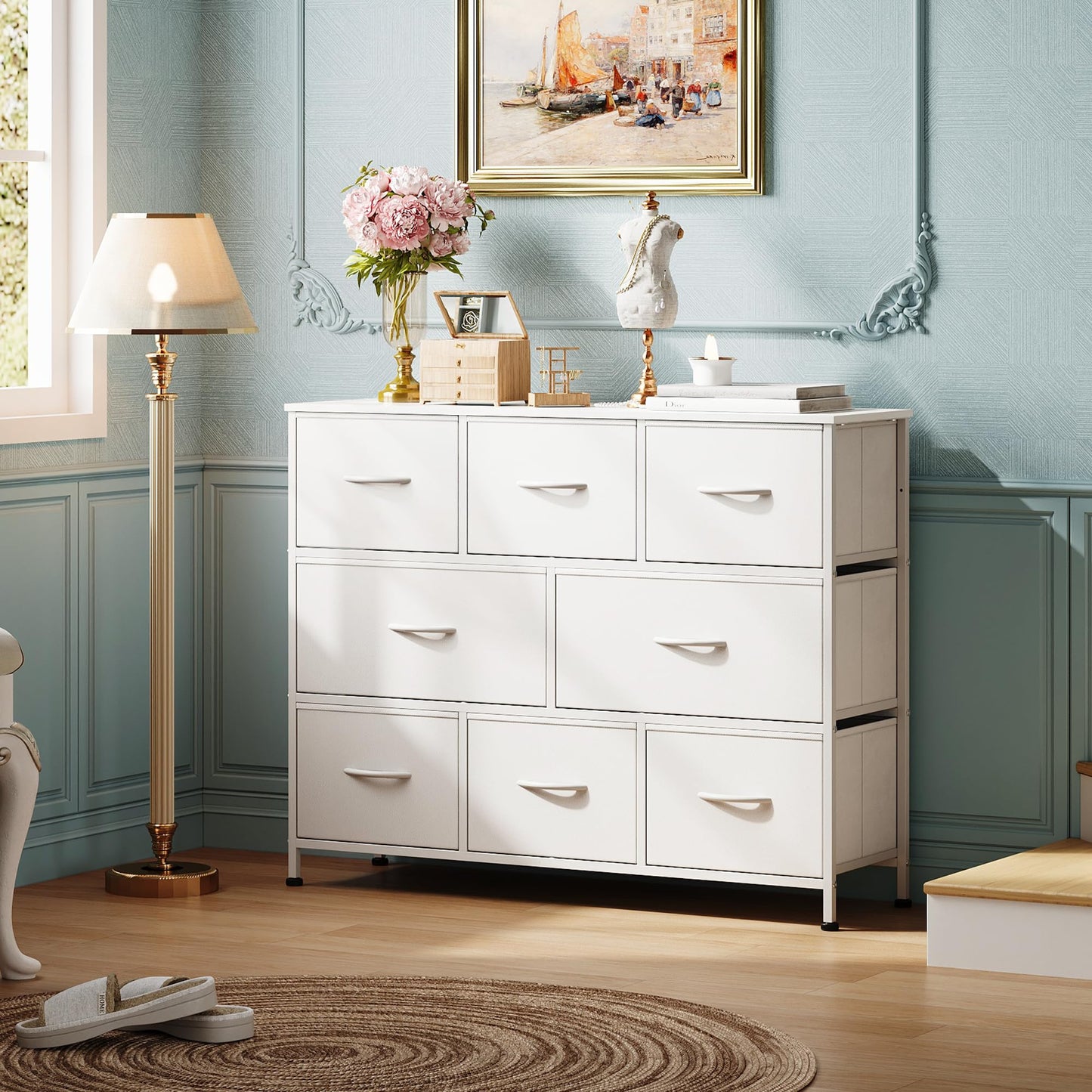 WLIVE 8 Drawer Dresser for Bedroom, Fabric White Dresser with Large Storage Drawer Unit for Entryway, Chest of Drawers for Living Room