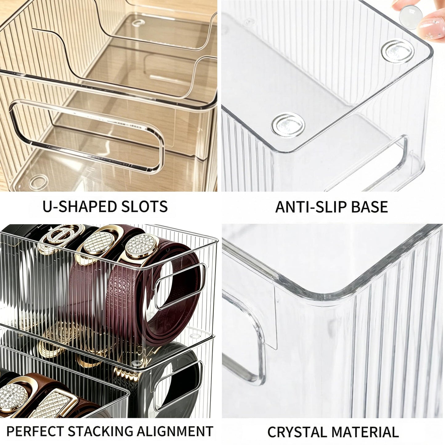 Fevont Belt Organizer - with Handles & Stackable Design, Belt Storage Holder for Closet and Drawer, 4-Compartment Display Case for Ties, Socks, Underwear