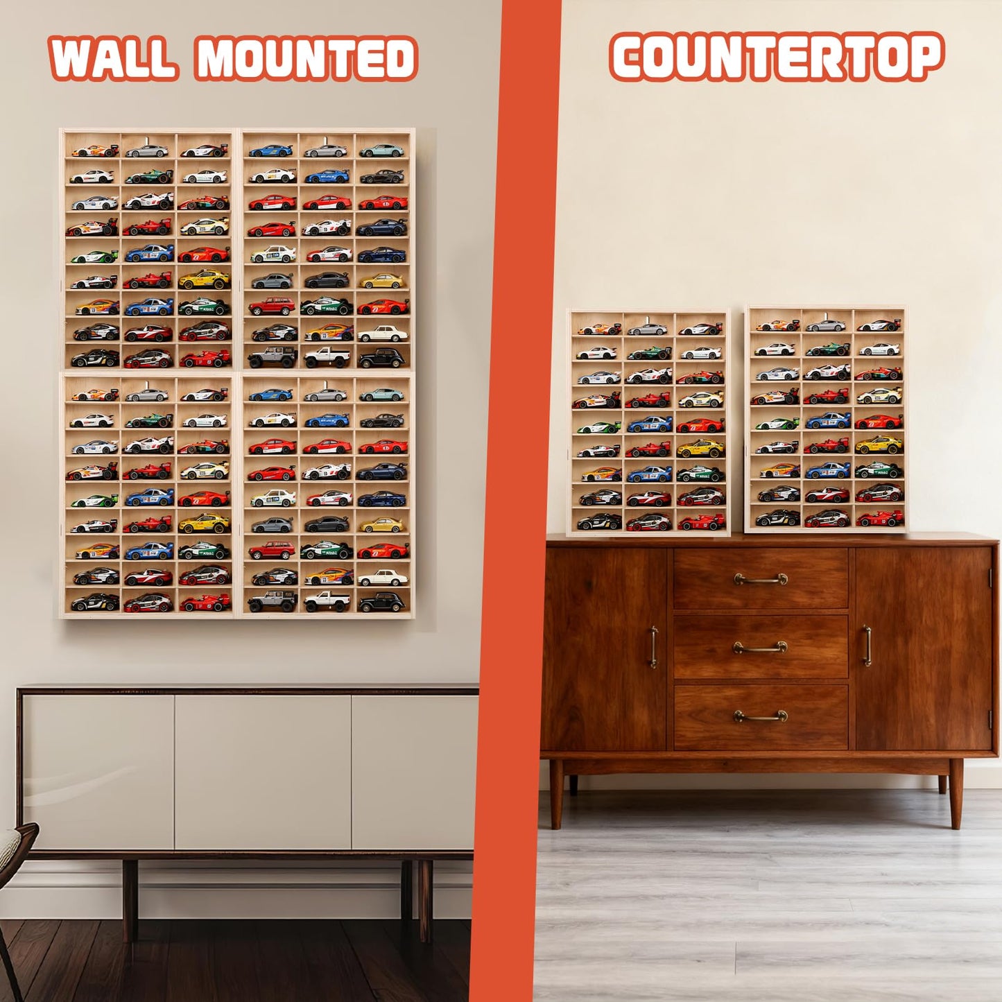 for Hotwheels Wooden Display Case 108 Space 1/64 Scale Toy Car Display Case Fit for Hotwheels Wall Mount Wooden Storage Display Shelf for Toy Cars Model Car Display Organizer Fit for Matchbox Diecast