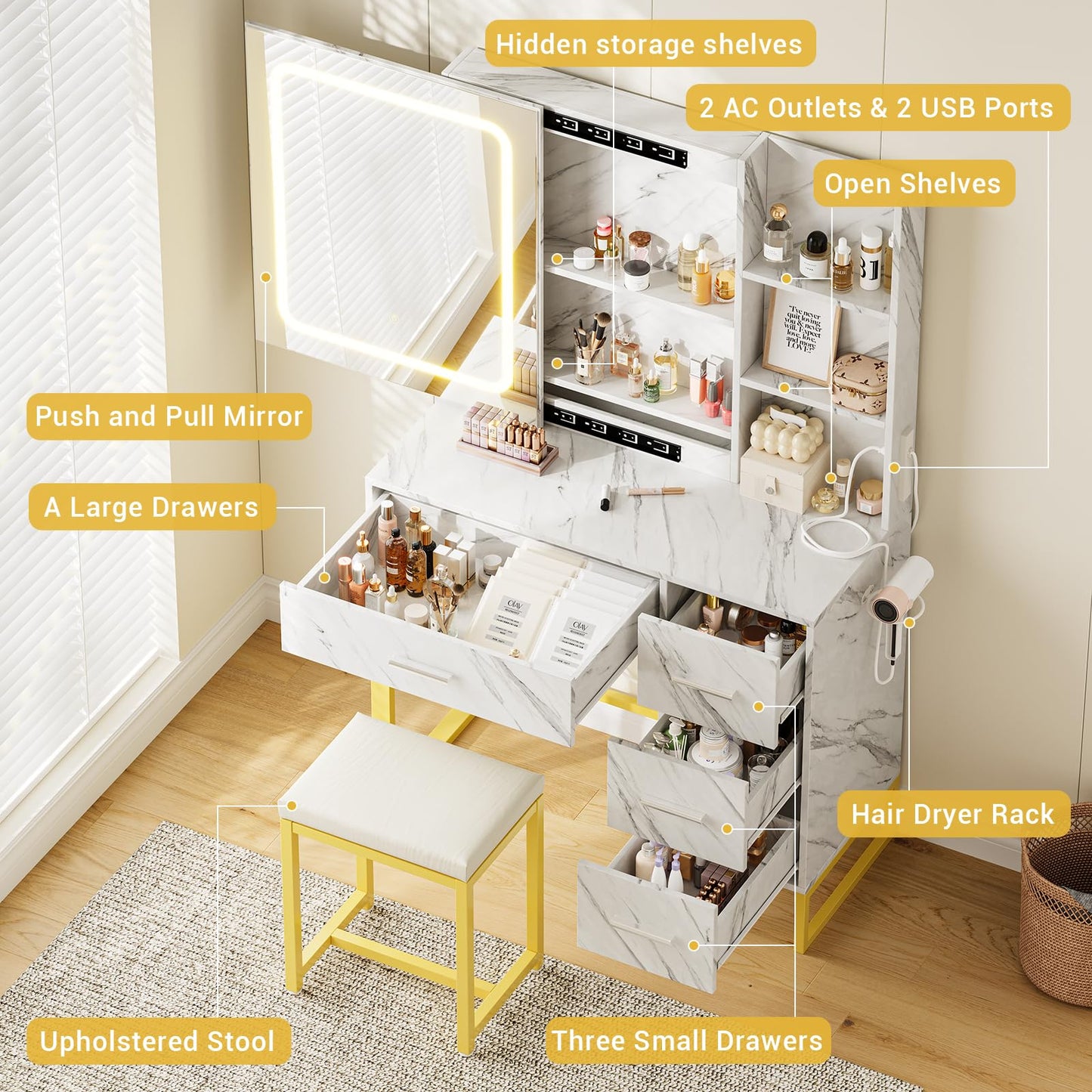 Marble White Makeup Vanity Desk with Lighted Mirror, 3 Color Modes & Power Outlets, 4 Drawers and 5 Shelves Dressing Table with Cushioned Stool, Modern Vanity Set for Women, Bedroom & Bathroom