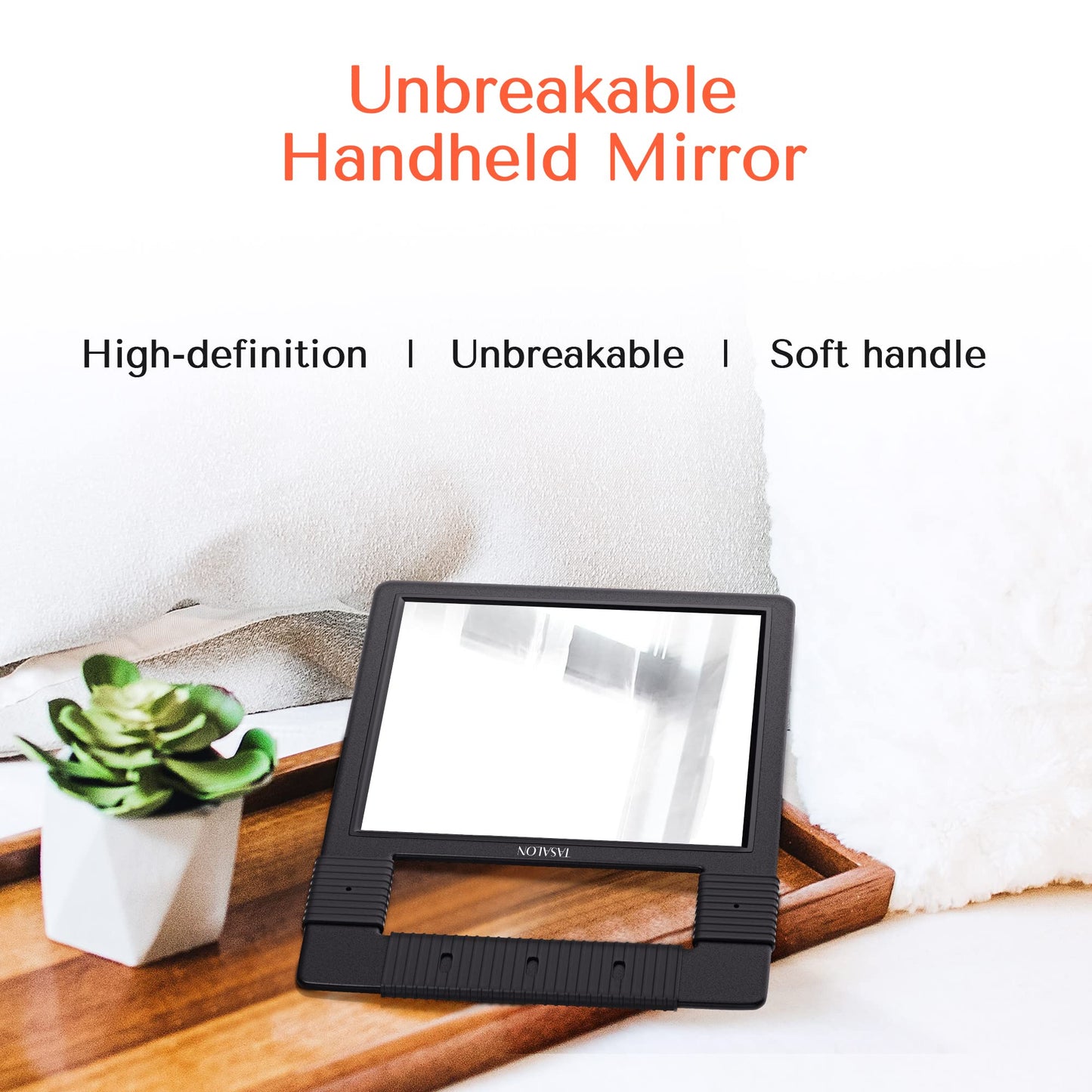 TASALON Hand Mirror, Handheld Mirror Unbreakable Shatterproof with Silicone Handle for Barber, Shower, Makeup and Salon - Black
