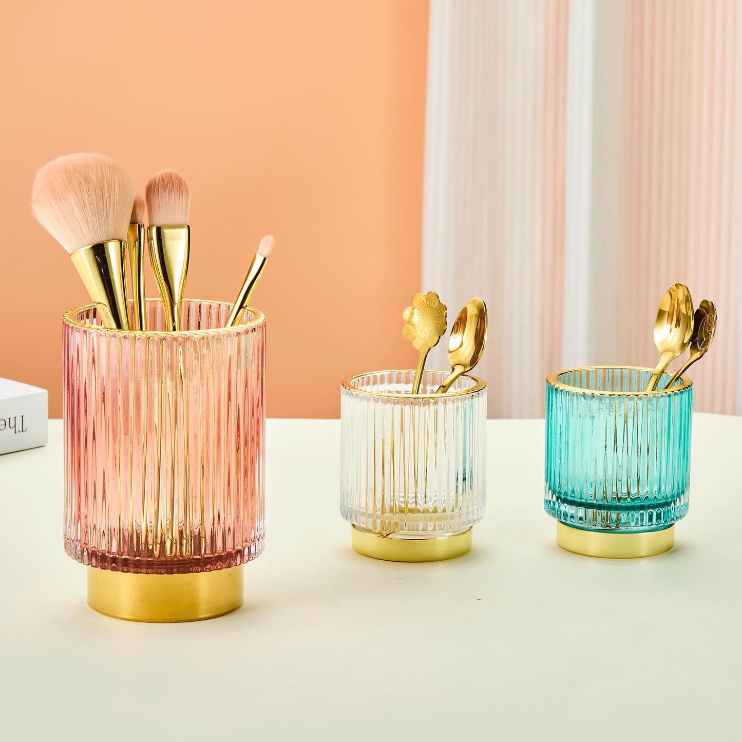 LEICURACE Makeup Brush Holder Organizer,Toothbrush Holders,Desk Pen Pencil Holder,Multifunctional Vintage Glass Brush Cup(A3-22-US)