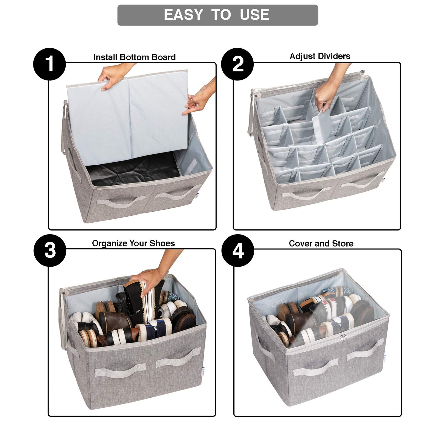 Moteph Shoe Organizer Closet Storage Solution with Clear Cover & Adjustable Dividers for Shoes, Handbags, Blankets, Linen, Clothing (Medium - 16 Pairs, Grey)