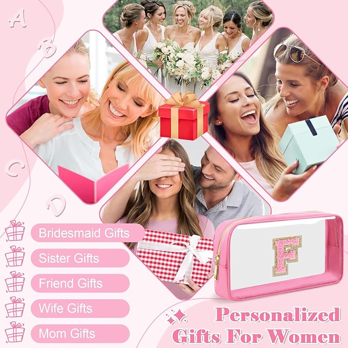 Personalized Initial Letter Clear Makeup Bag,Preppy Small Nylon&PVC Cosmetic Zipper Bag with Chenille Letter,Portable Beach Travel Skincare Toiletry Bag,Trendy Monogram Gift for Teen Girls Women,F