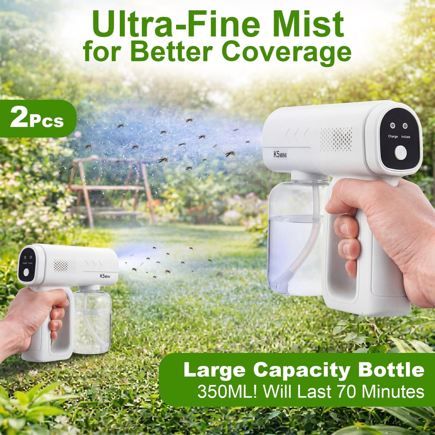 2 Pack Rechargeable Atomizer Nano Sprayer Gun for Mosquito Repellent Handheld Nano Mist Garden Repellent Sprayer Portable Plant Mister Tool Large Capacity Electric Fogger for Home Office Garden