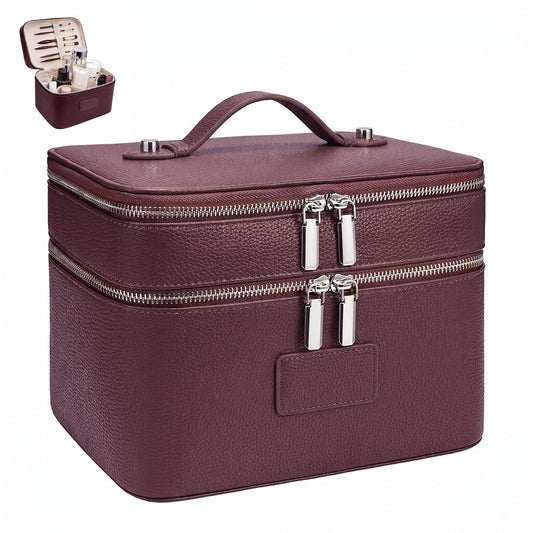 idoltimes Makeup Case,Leather Double Layer Makeup Bag Duo,Large Portable Travel Toiletry Case Cosmetic Organizer for Women
