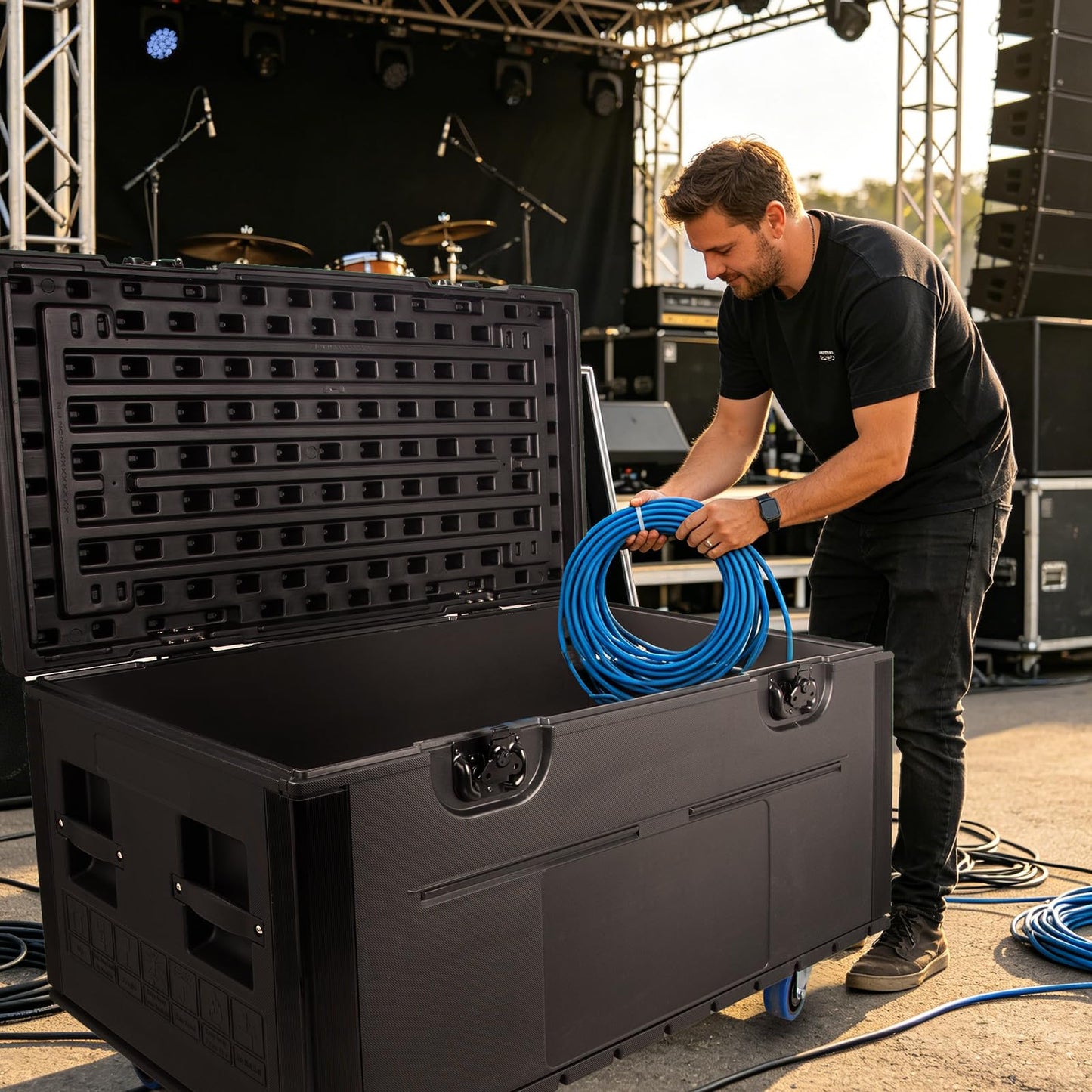 Muscab Heavy Duty Road Case with Wheels, 44.5"x22.05"x20.08" Stackable Rolling Case Utility Cable Trunk Storage, ATA Rolling Storage Equipment Case for Pro Audio (Requires Assembly)