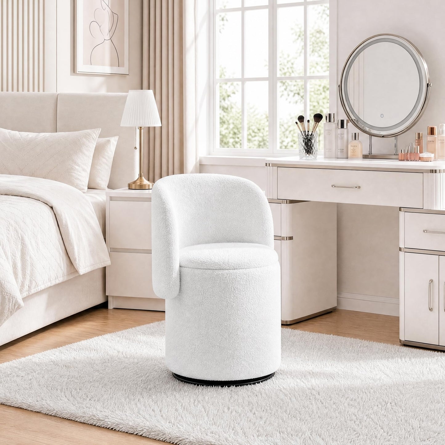 WOCFYK Swivel Vanity Chair with Storage and Matching Cat Bed Stool, 360 Degree Upholstered Barrel Chair, Teddy Fleece Makeup Chair with Back for Bedroom, Vanity Room, Dining Room, White Teddy Fleece