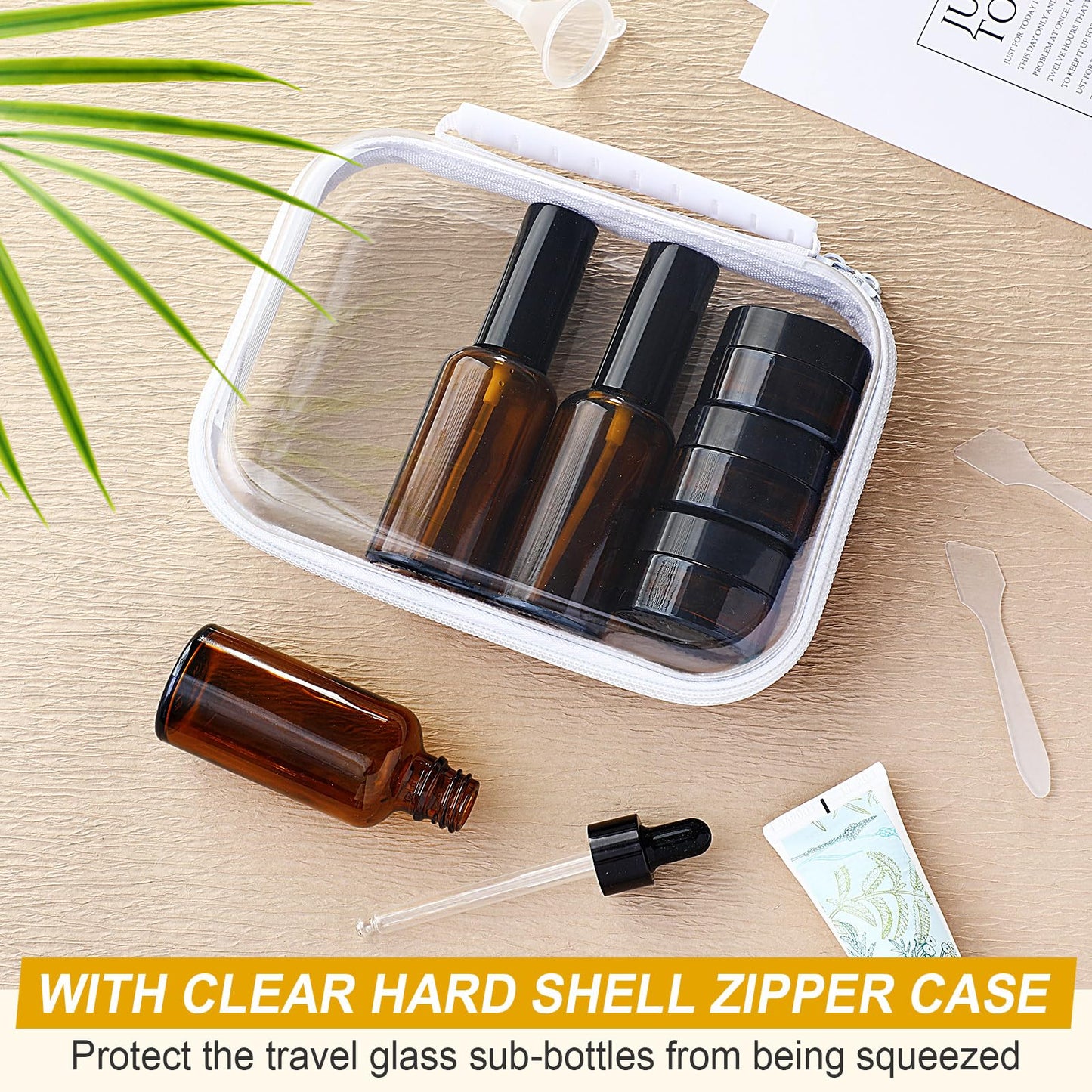 Qiyaz 11 Pcs Glass Travel Bottles with Clear Hard Zipper Case Skin Care Containers Travel Size Mini Makeup Containers Tsa Approved with Pump Spray for Liquid Toners Serum Cream(Brown,Style 2)