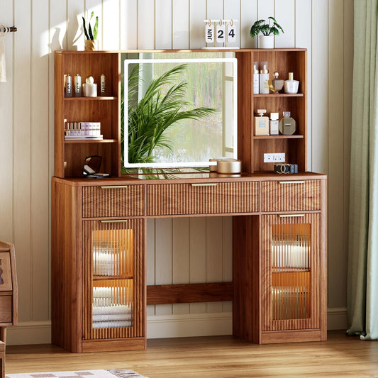 51" Large Vanity,Modern Fluted Makeup Vanity Desk with Mirror and Lights, Glass Top Vanity with 3 Drawers and 2 Cabinets&Charging Station,Dressing Table for women and girls’ bedrooms. Walnut