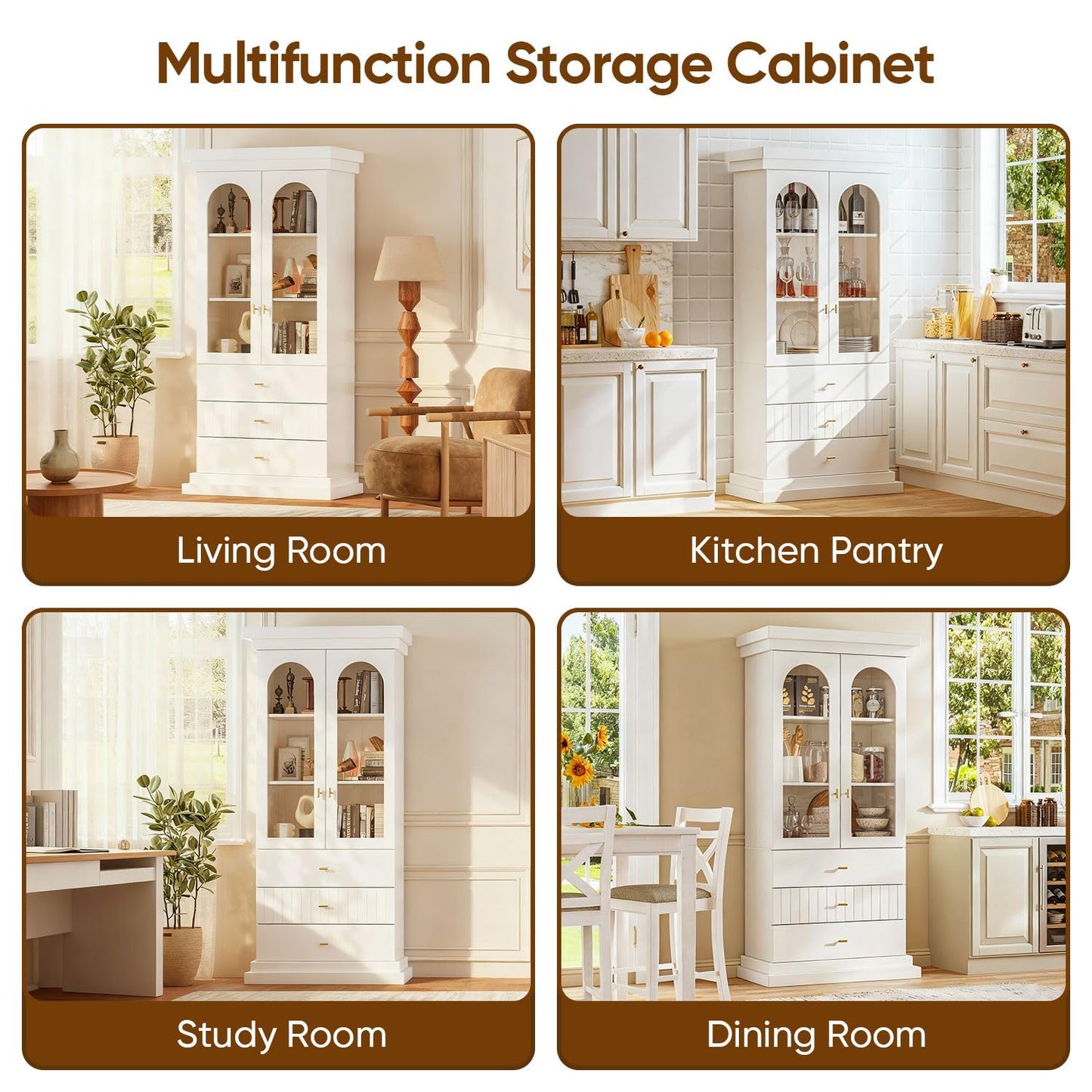 Myricore 71" Arched Kitchen Cabinet, Glass Door Display and Tall Storage Cabinets with Drawers, Modern Pantry for Dining Room, Living Room, White with Gold Handles, 3 of Set
