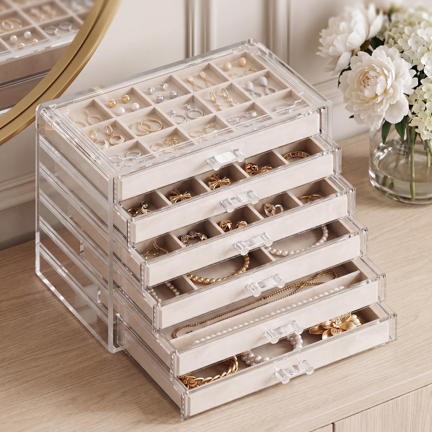 GlowSai Clear Jewelry Organizer Earring Holder Organizer, Jewelry Box with 6 Drawers Clear Acrylic Stackable Earring Case with Adjustable Velvet Trays for Women and Girls, Warm White