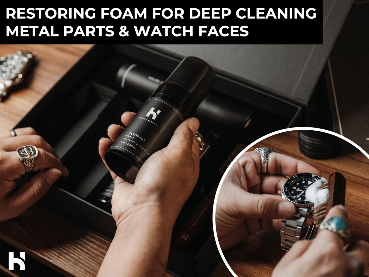 Holme & Hadfield Watch Cleaning Kit – Luxury Crystal & Leather Care Solution | 2 Brushes, Microfiber & Polishing Cloth | Premium Gift Packaging