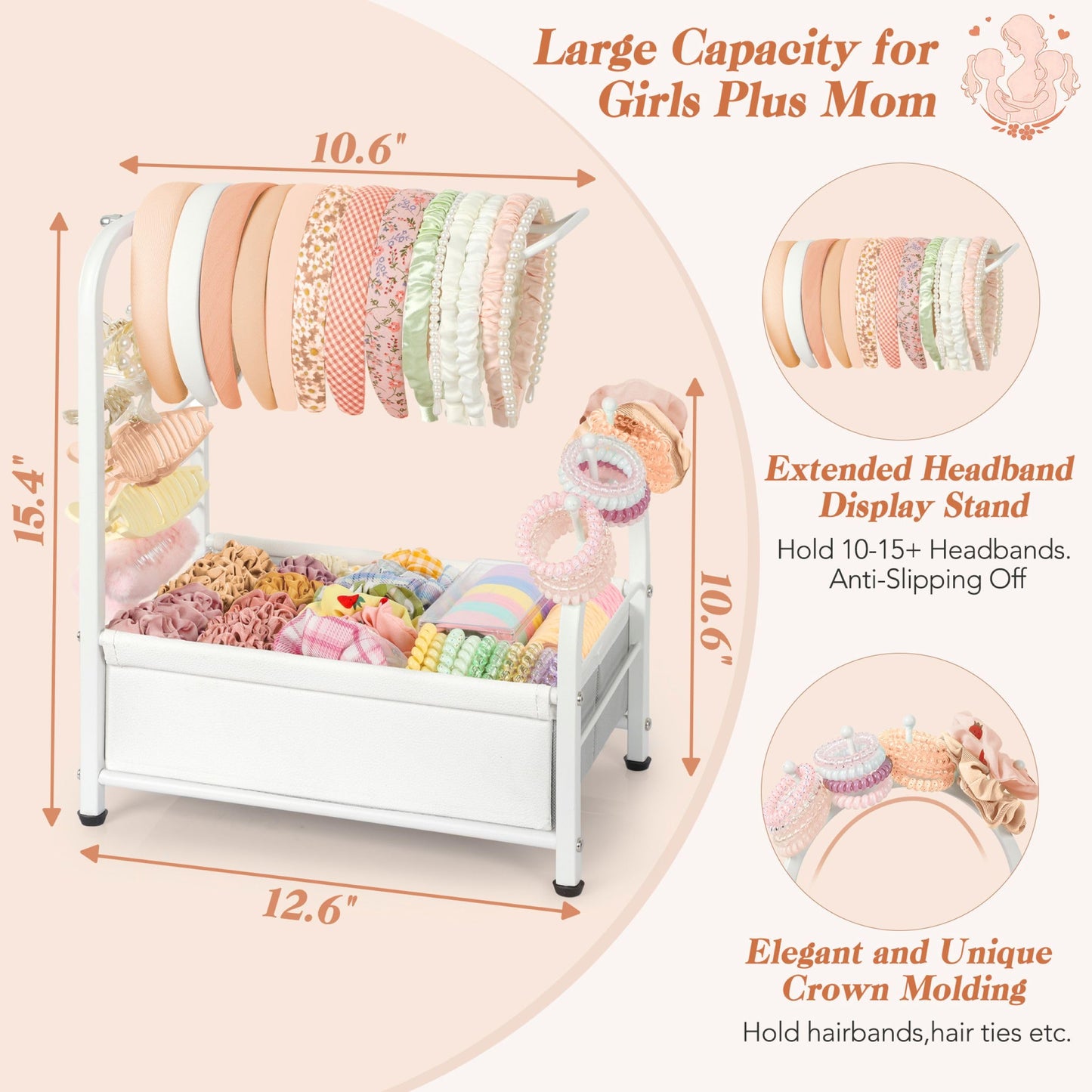 Keebofly Headband Holder Stand, Versatile Hair Accessories Organizer for Scrunchies, Hair Ties, Bows & Claw Clips - Large Compact Hair Accessories Storage for Girls, Women, Babies
