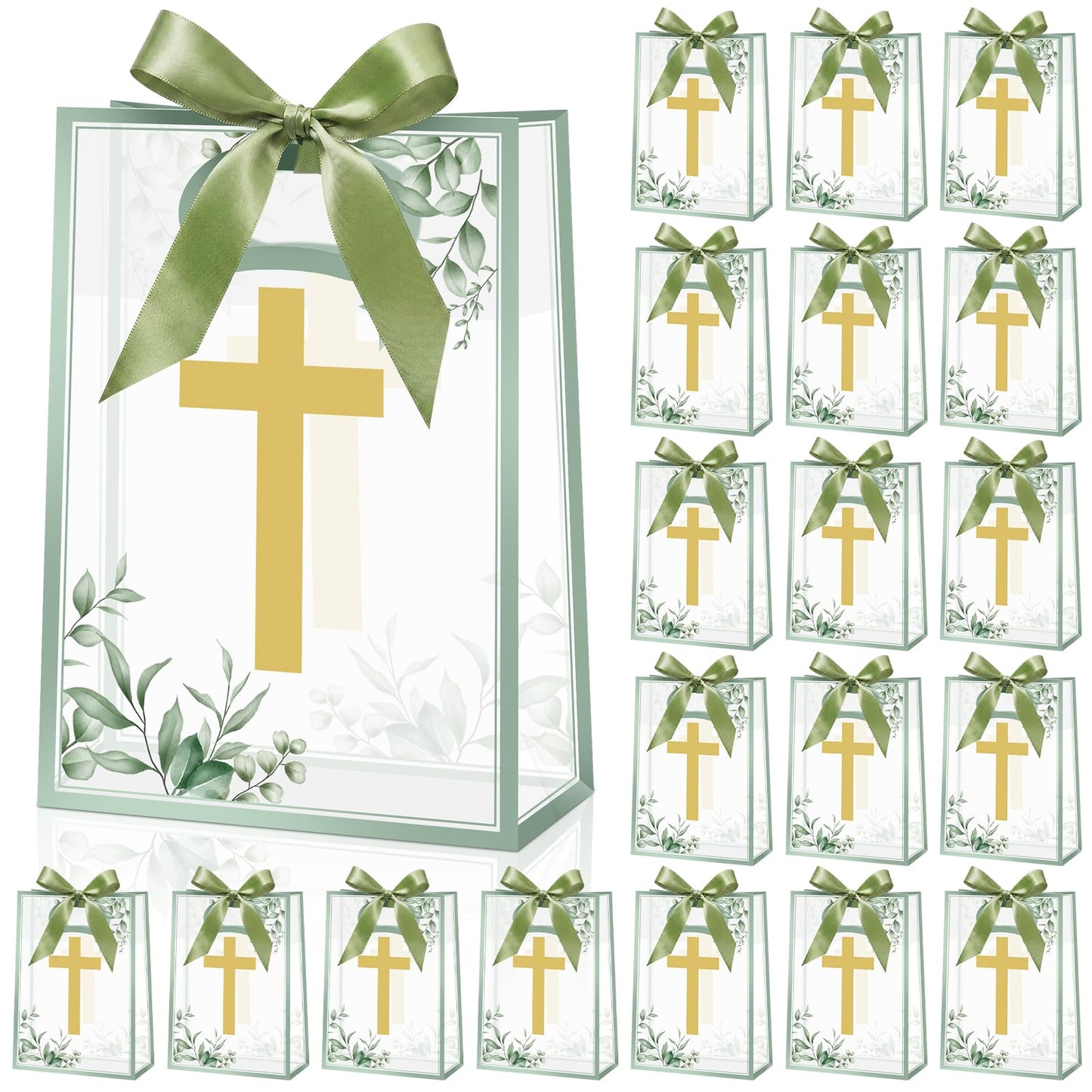 Gilprop 20 Pcs Religious Baptism Party Favor Bags Clear Gift Bags with Handles Ribbon for First Communion, Gold Cross Religious Christening Church Christian Baptism Supplies, 10 x 7 Inch (Green)