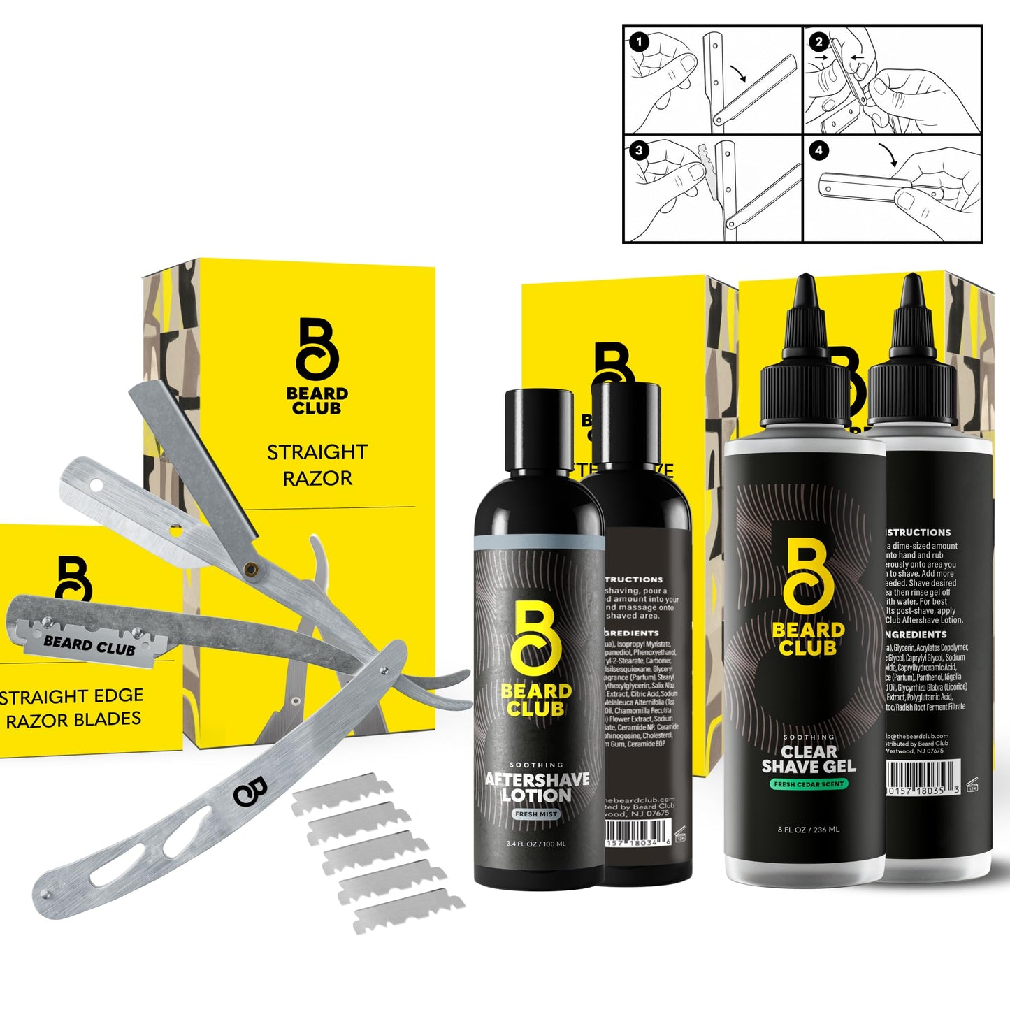 Beard Club Straight Razor for Men, Shaving Gel & Aftershave for Men – Hydrating Mens Shave Cream, Soothing After Shave Lotion & Navajas Para Barbero - Barber Straight Edge Razor Kit - Gift Kit