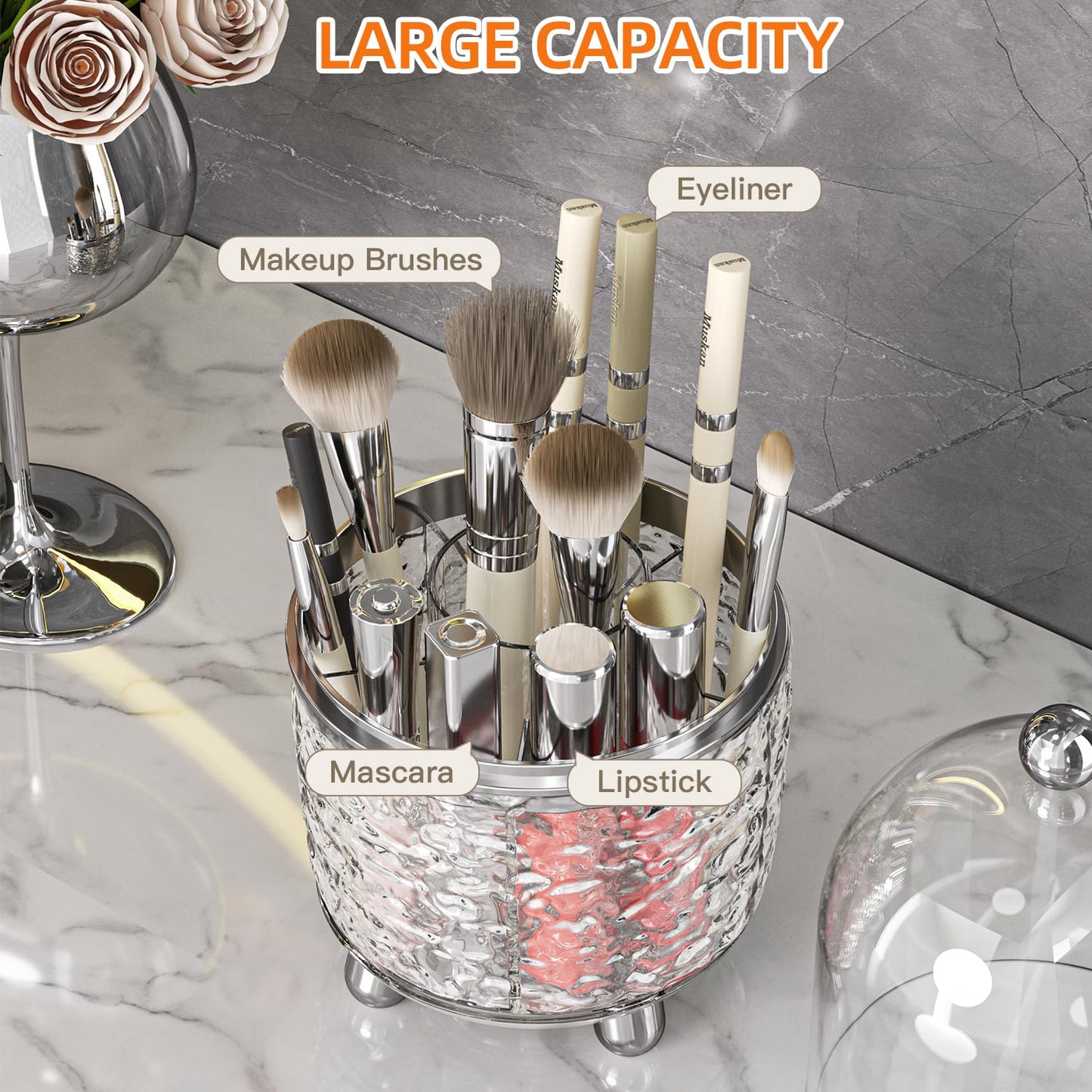 JUPITER WARRIOR Makeup Brush Holder with Lid and 360 Rotating Makeup Organizer for Dresser Bathroom Countertop and Kitchen, Ideal Gift for Girlfriend Wife Friends (Clear)