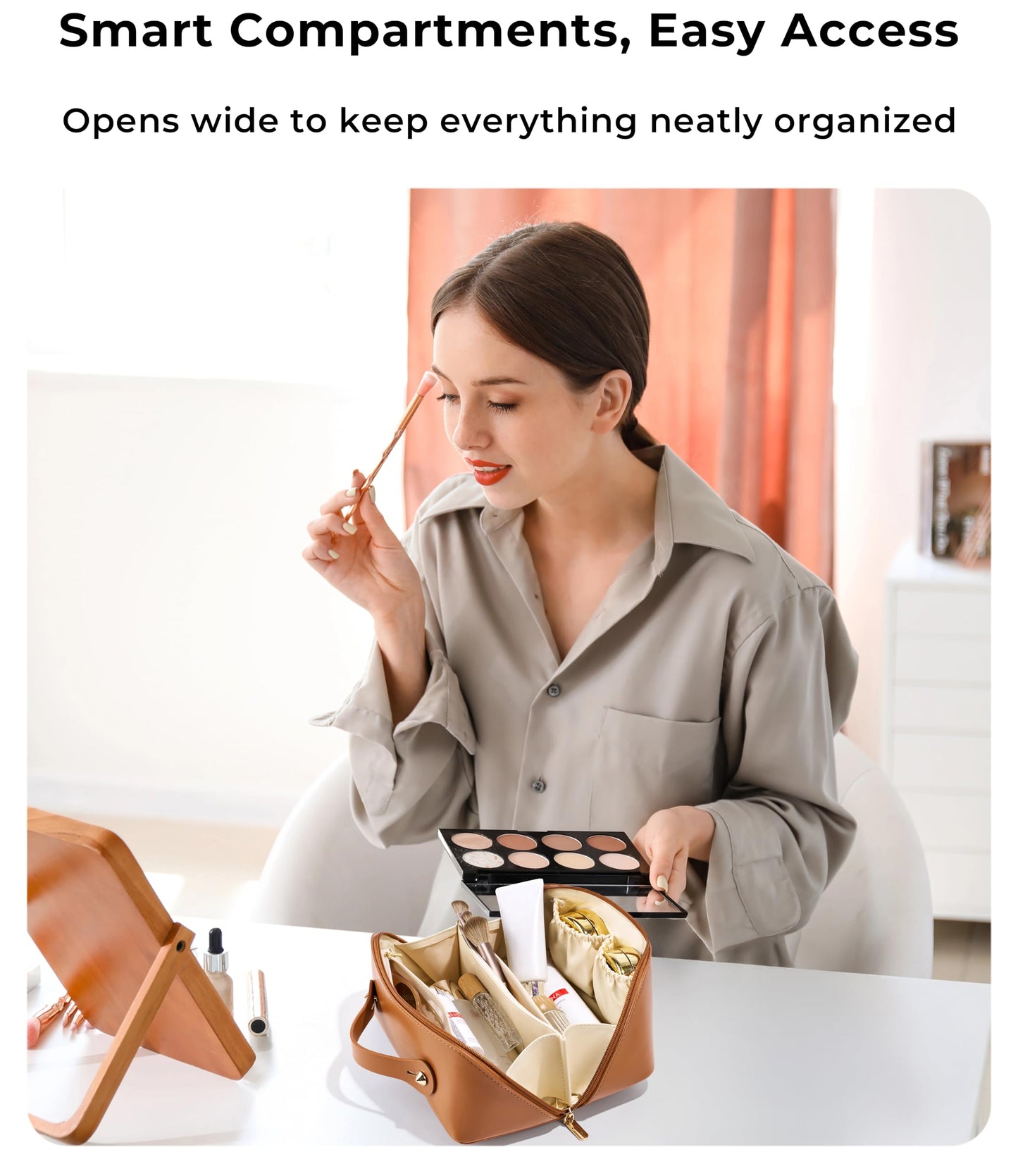 ALEXTINA Travel Makeup Bag Organizer for Women, Large Capacity Cosmetic Make up Bag with 180° Open-Flat Design & Collapsible Handle, Waterproof Vegan Leather Toiletry Bag for Travel Essentials, Brown