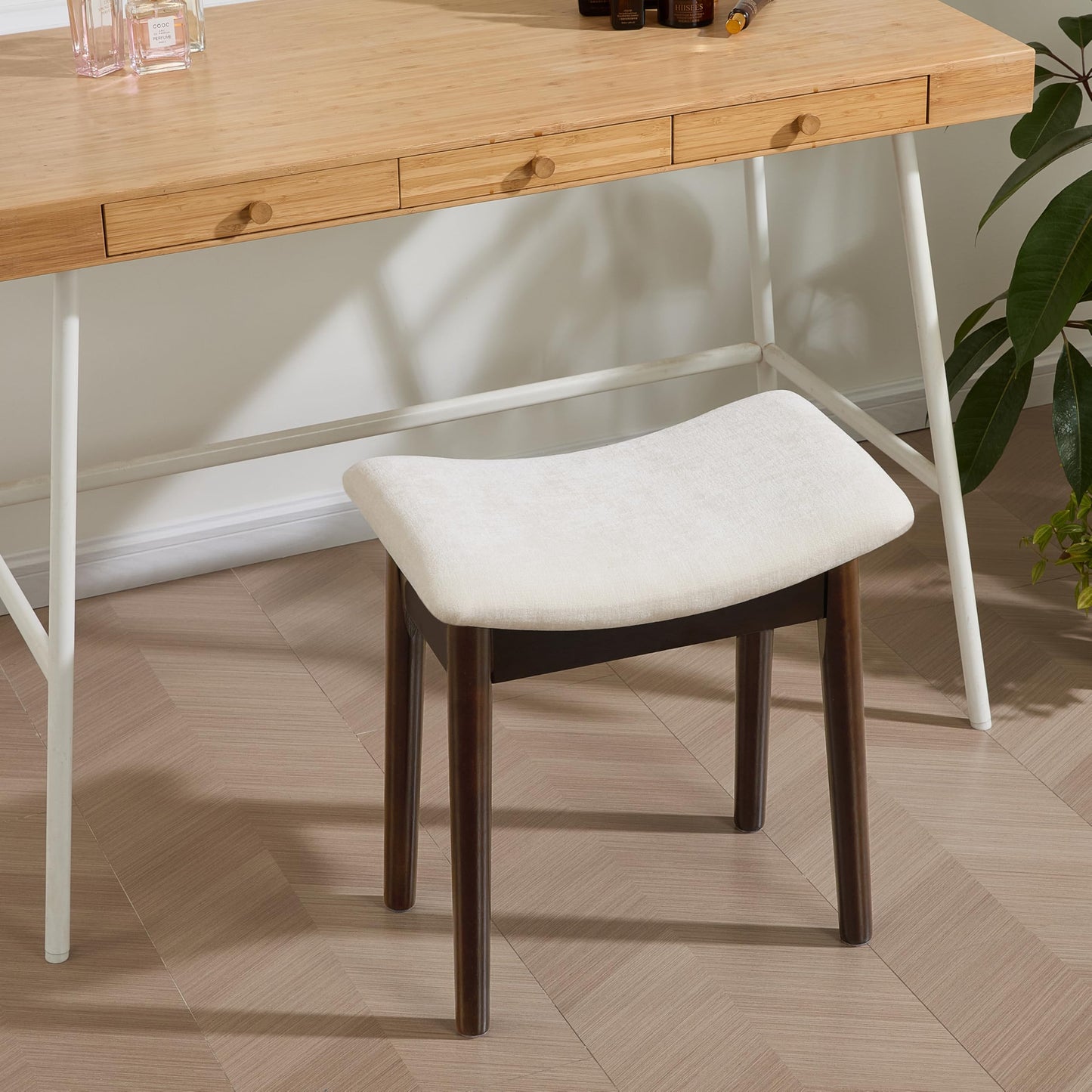 Royal Windsor Vanity Stool with Saddle Cushion, 18 Inch Makeup Vanity Chair for Living Room, Modern Foot Stool Ottoman Piano Bench,Small Upholstered Bench for Bedroom, White