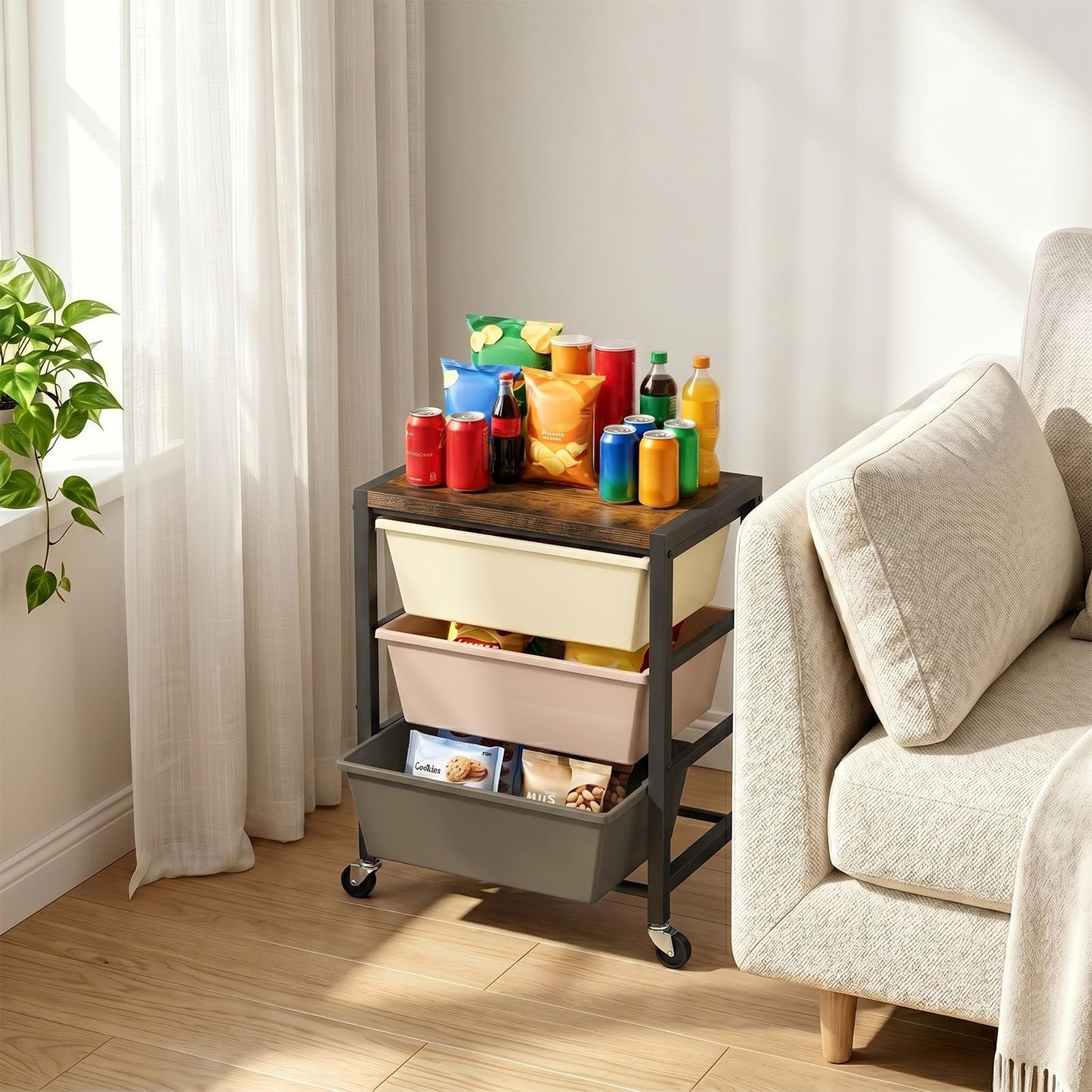 Rolling Cart with 3 Drawers, Plastic Drawer Storage Carts with Lockable Wheels & Wooden Tabletop, Metal Art Craft Utility Cart Organizer for Home Office Bedroom Dorm Bedside Classroom, Dark Brown