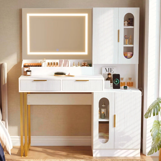 IDEALHOUSE Fluted Vanity Desk with Mirror and Lights, 45" Makeup Vanity with Large Cabinets, Drawers, Dressing Table with 3 Color Lighting Modes, Built-in Charging Station for Bedroom, White