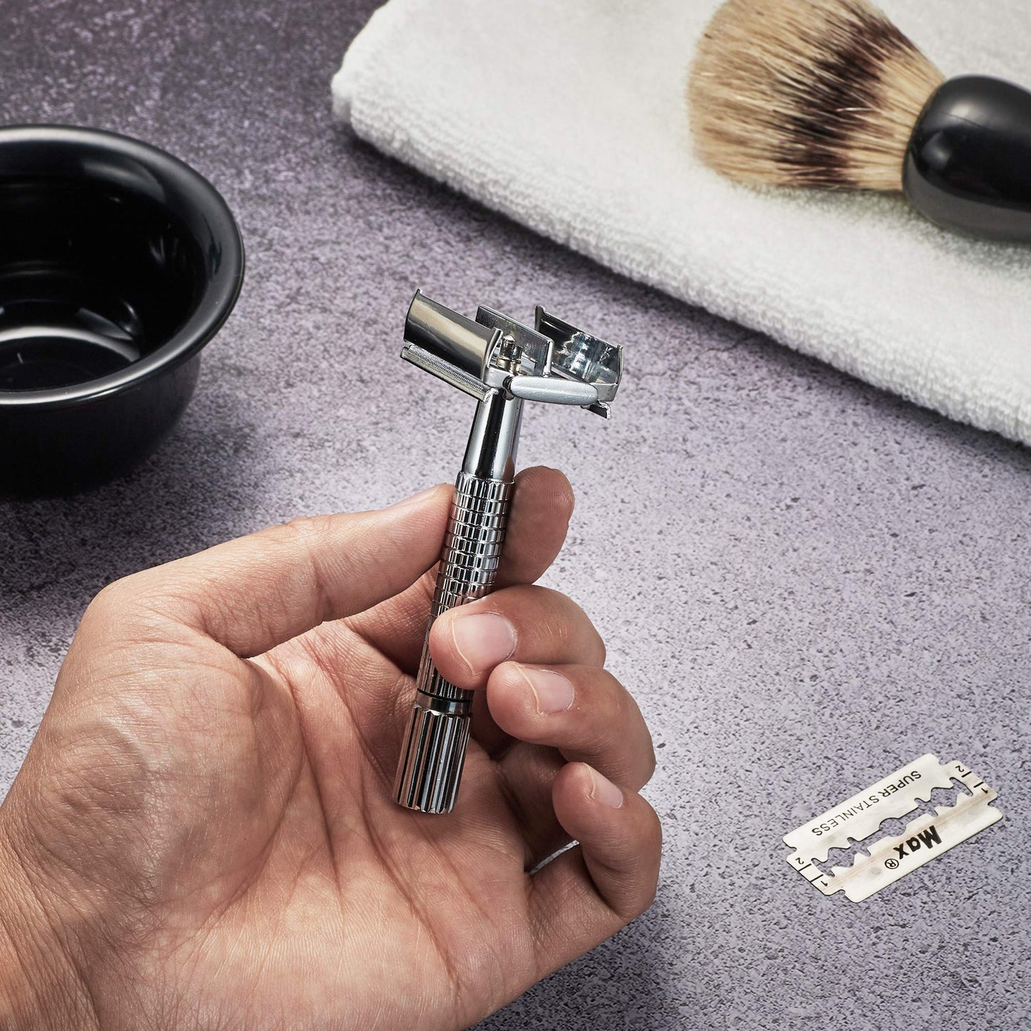 Classic DE Razor Double Edge Safety Razor Butterfly TTO Shaving Razor with Black Acrylic Stand and Bristle Shaving Brush Mini Soap Bowl 10 Blades Wet Shaving Gift Set for Men w/Cleaning Brush