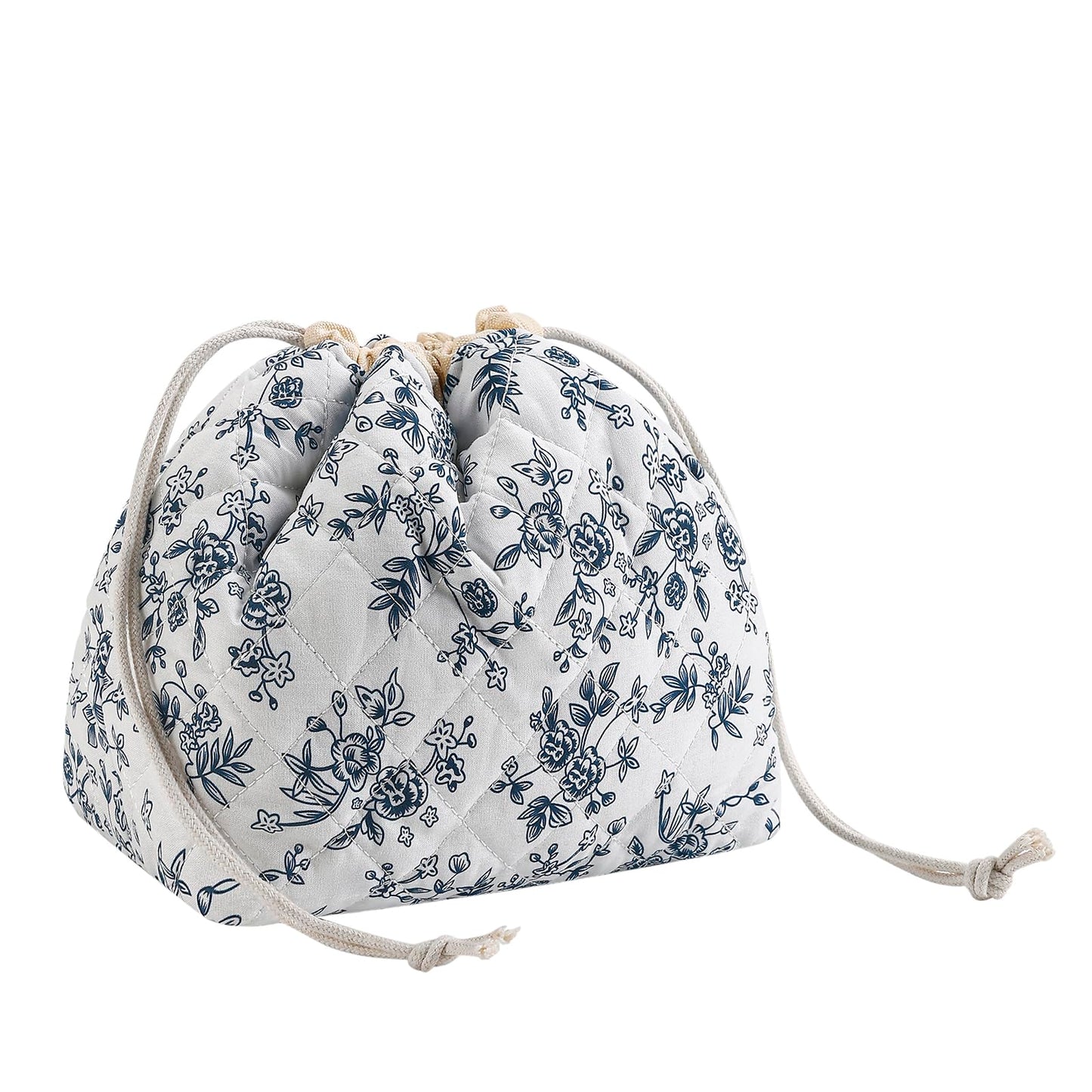 uekeboag Cotton Quilted Drawstring Makeup Bag with Canvas Lining,Coquette Aesthetic Cute Travel Toiletry Bag,Drawstring Gift Bag for Women and Girls（16Dark Blue）