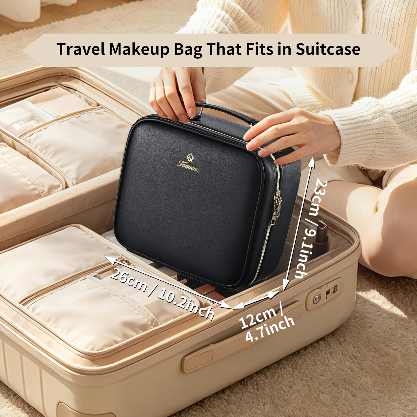 Faquenc Makeup Bag with LED Lighted Mirror 10.2-in Travel Makeup Bag Train Case Adjustable Brightness in 3 Colors Cosmetic Organizer Case Artist Storage Bag with Dividers Brush Holder Bag Vanity Black