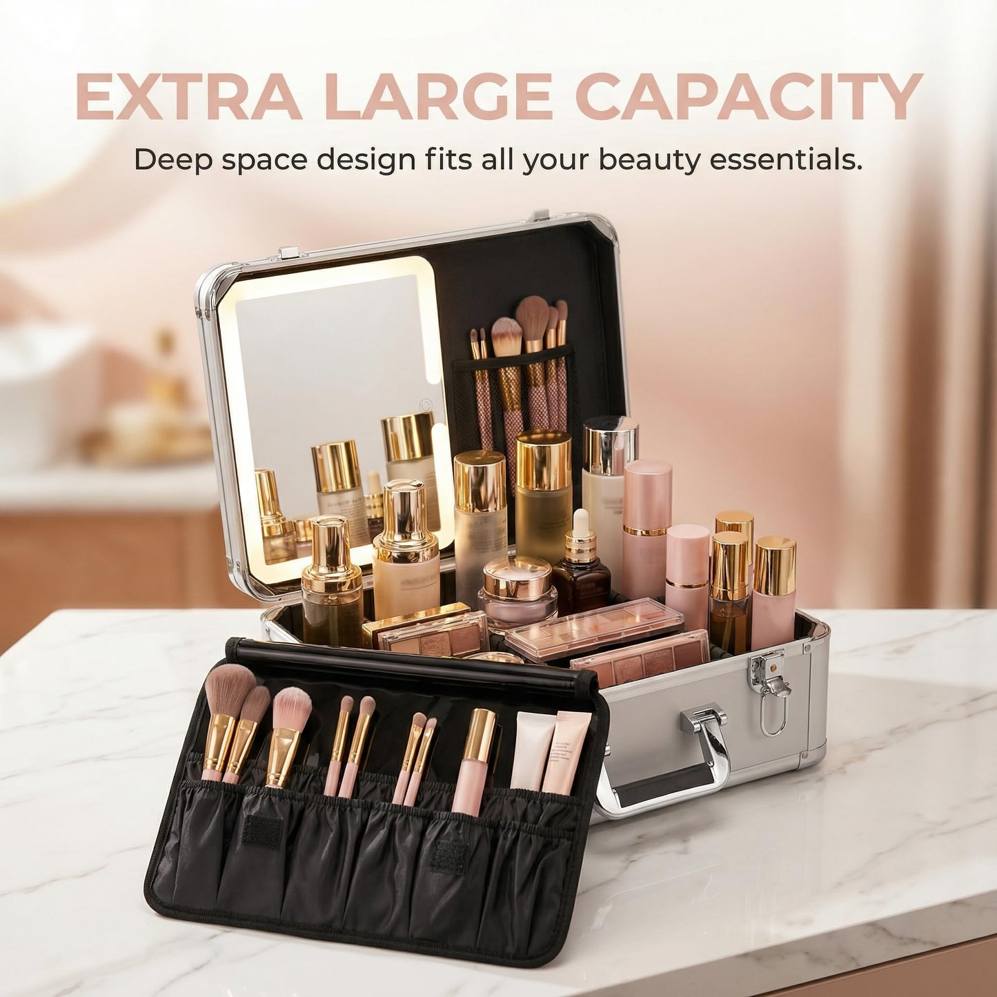 CHENGLIN Extra Large 15 inches Makeup Case with Lighted Mirror – Cosmetic Organizer with Adjustable Dividers, Magnetic LED Mirror, Portable Makeup Suitcase for Women (Silver)