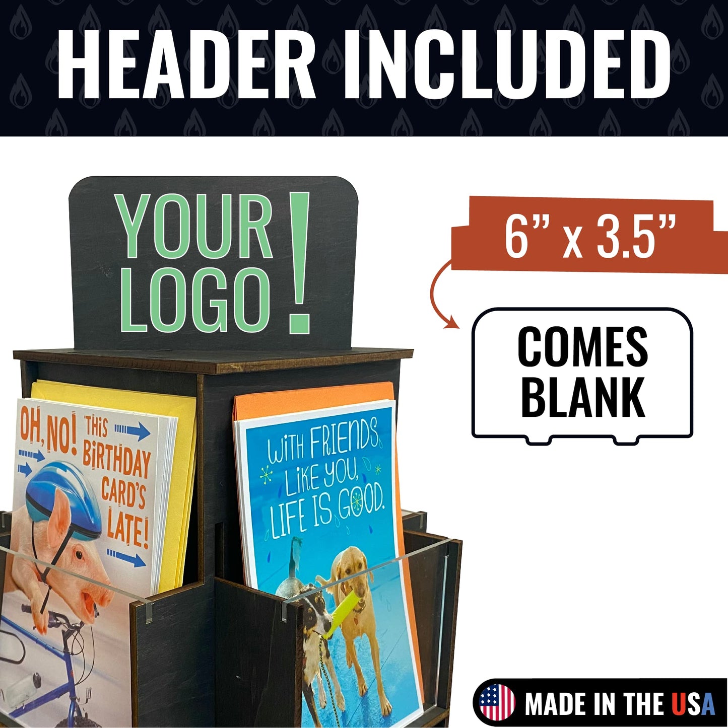 Rotating Greeting Card Display Stand, 1 Tier Wooden Organizer, 4-Sided Display Rack 360 Degree Spinning Multi-Pocket Display for Coasters, Stickers, Retail, Showcase, Tradeshow, 12.5”H (Ebony)