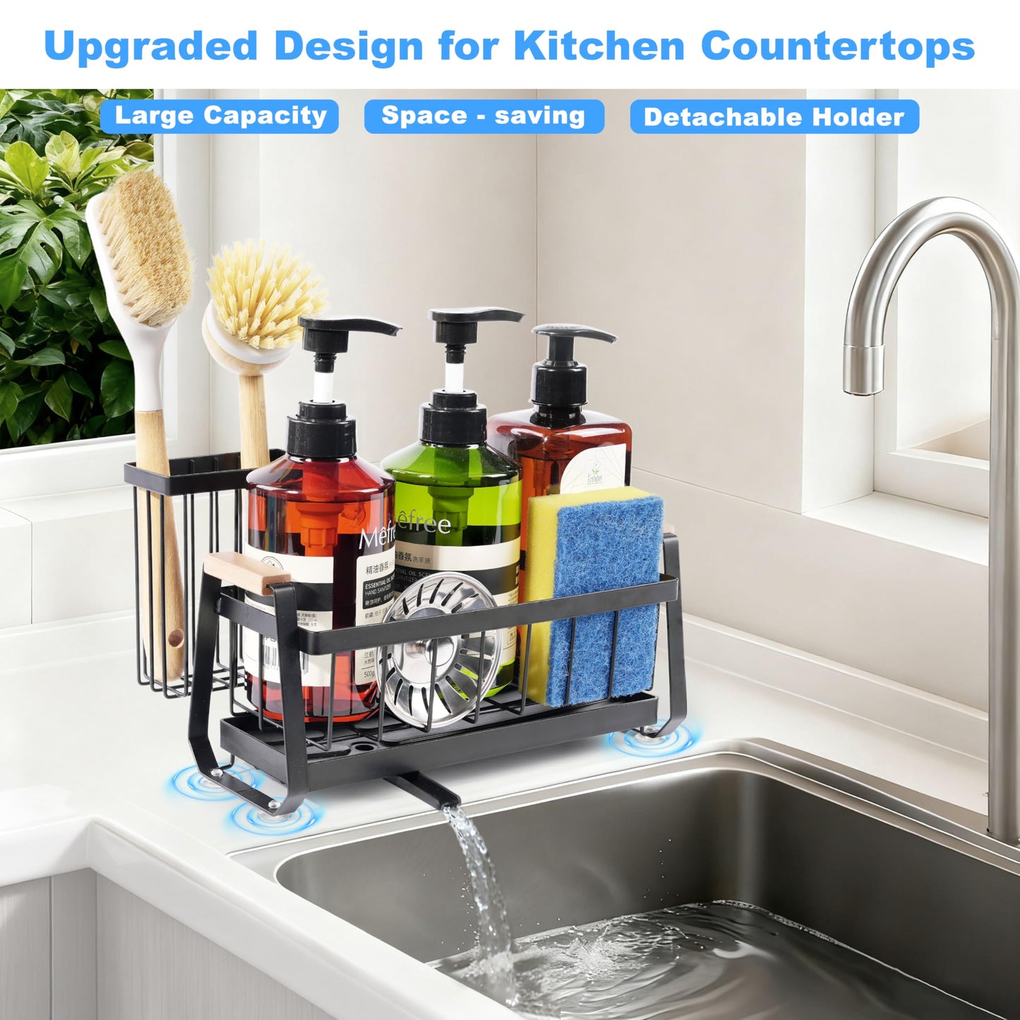 Ouletoy Sponge Holder for Kitchen Sink Organizer, Stainless Steel Sink Caddy Suction Cup with Dish Brush Holder, Rustproof Drying Rack, Sponge Caddy and Dish Soap Organizer for Kitchen Countertop