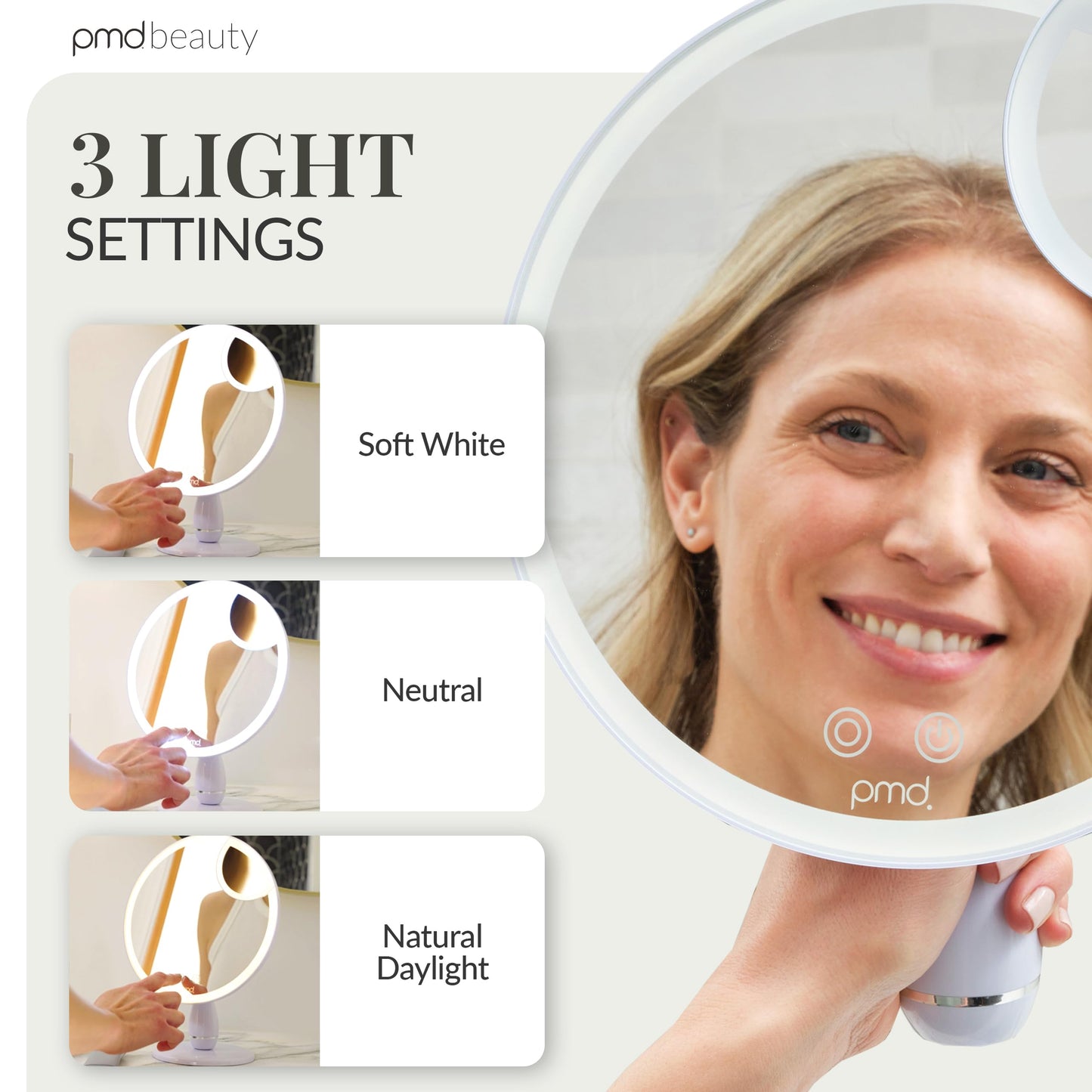 PMD Beauty Reflect Pro LED Makeup Mirror with Lights - TriLume Technology - Handheld Vanity Mirror - Three Modes, 360° Rotation, 5X Magnification, Travel Ready