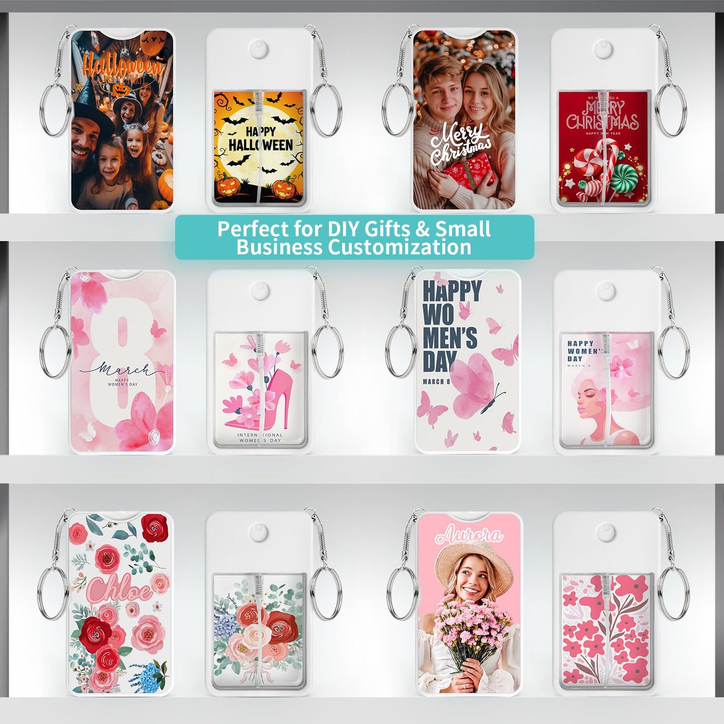PYD Life 12 Pack Sublimation Blanks Card Perfume Spray Bottle 1FL. OZ 30 ml White with Key Ring, Portable Refillable Travel Sprayer with 16 PCS Double-Sided Sublimation Aluminum Sheets for DIY