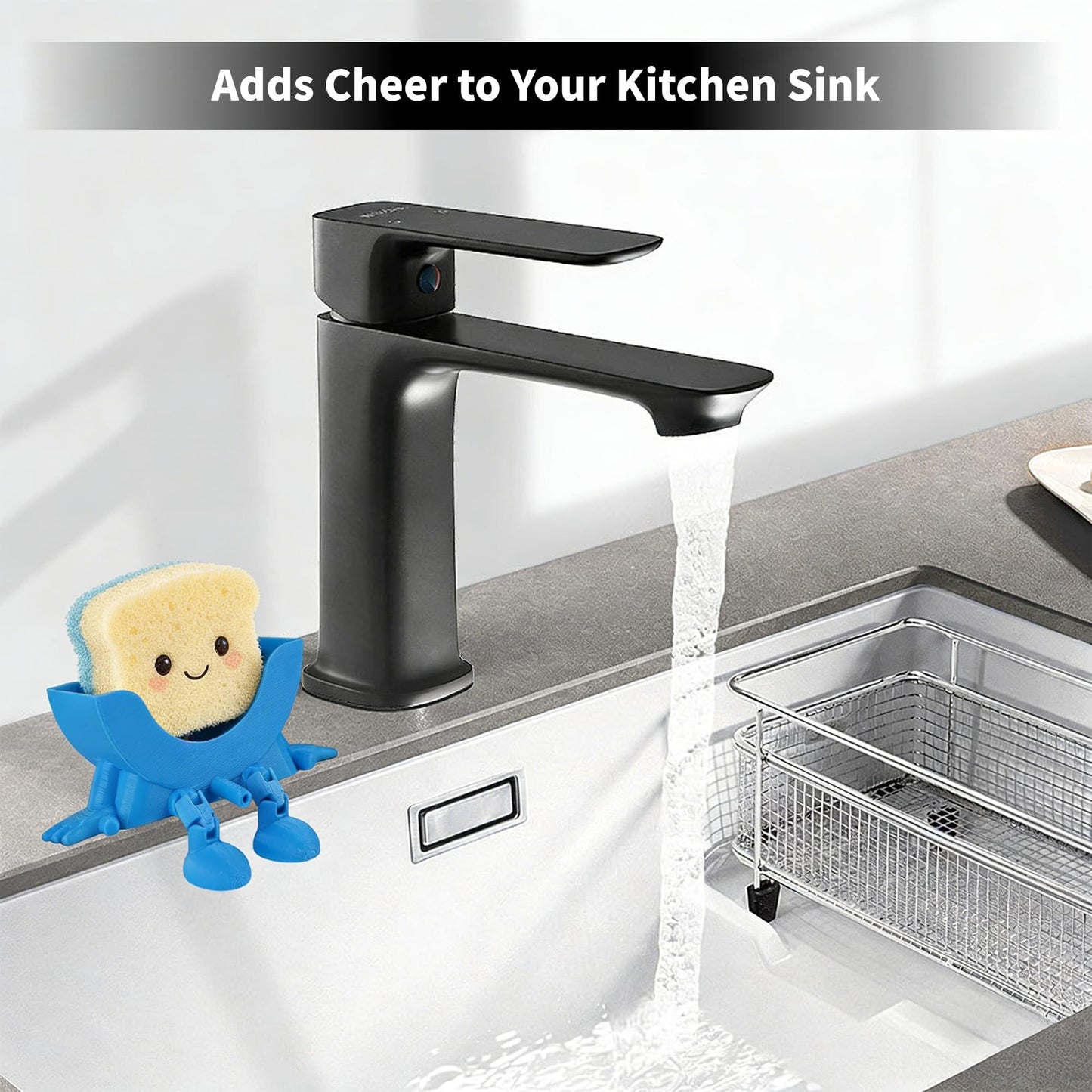 Cute Hanging Sponge Holder, Drainable Kitchen Sink Organizer, Scrub Sponge Stand Storage Rack with Smiley Design, Sink Accessories (Yellow)