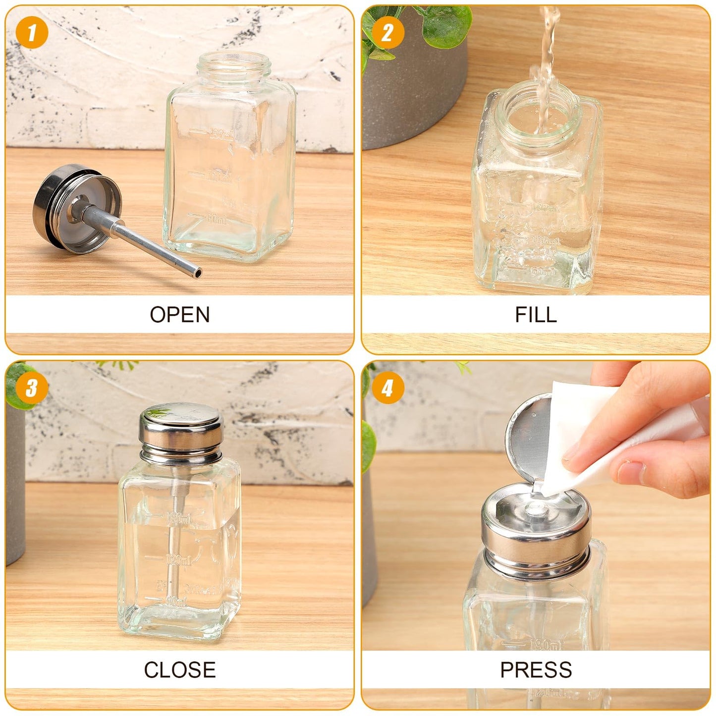 Lallisa 2 Pcs 6 Oz/ 180 ml Acetone Pump Dispenser Clear Pump Dispenser Bottle with Flip Cover Glass Nail Polish Remover Push Down Bottle Refillable Press Container for Makeup Remover