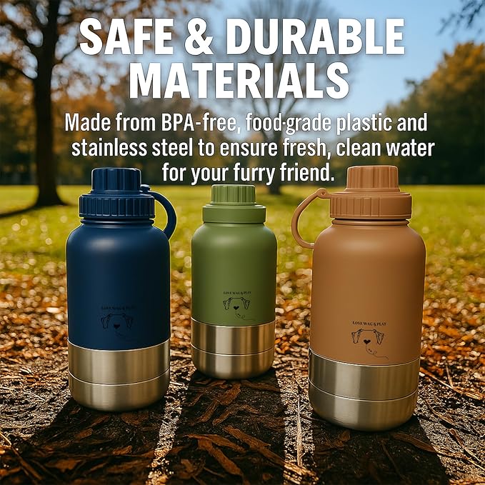 Love Wag & Play Dog Water Bottle Portable – 2 in 1 Stainless Steel Bowl for Food, Water – Leakproof Portable Water Bowl for Dog with Carry Loop – Detachable Design – Ideal for Kibble, Treats – Green
