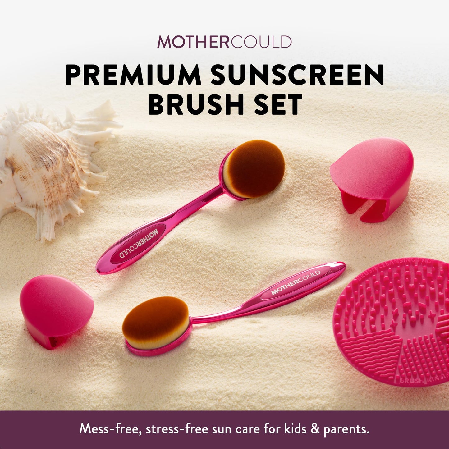 Mothercould Premium Sunscreen Brush Set Kids & Baby Sunblock Applicator with Metal Handles, Travel Bag, 2 Brushes, 2 Caps, & Cleaning Mat Mess-Free Sun Care (2 Pack) (Pink)