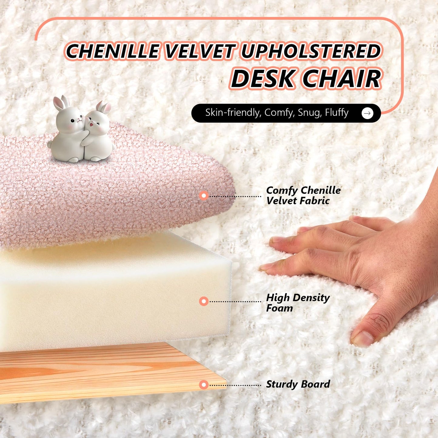 VINGLI Chenille Curved-Back Armless No Wheels Vanity Chair for Girls, Cute & Furry Upholstered Desk Chair with Solid Wood Legs for Study/Makeup/Bedroom/Dressing, Fluffy Makeup Chair for Teens, Pink