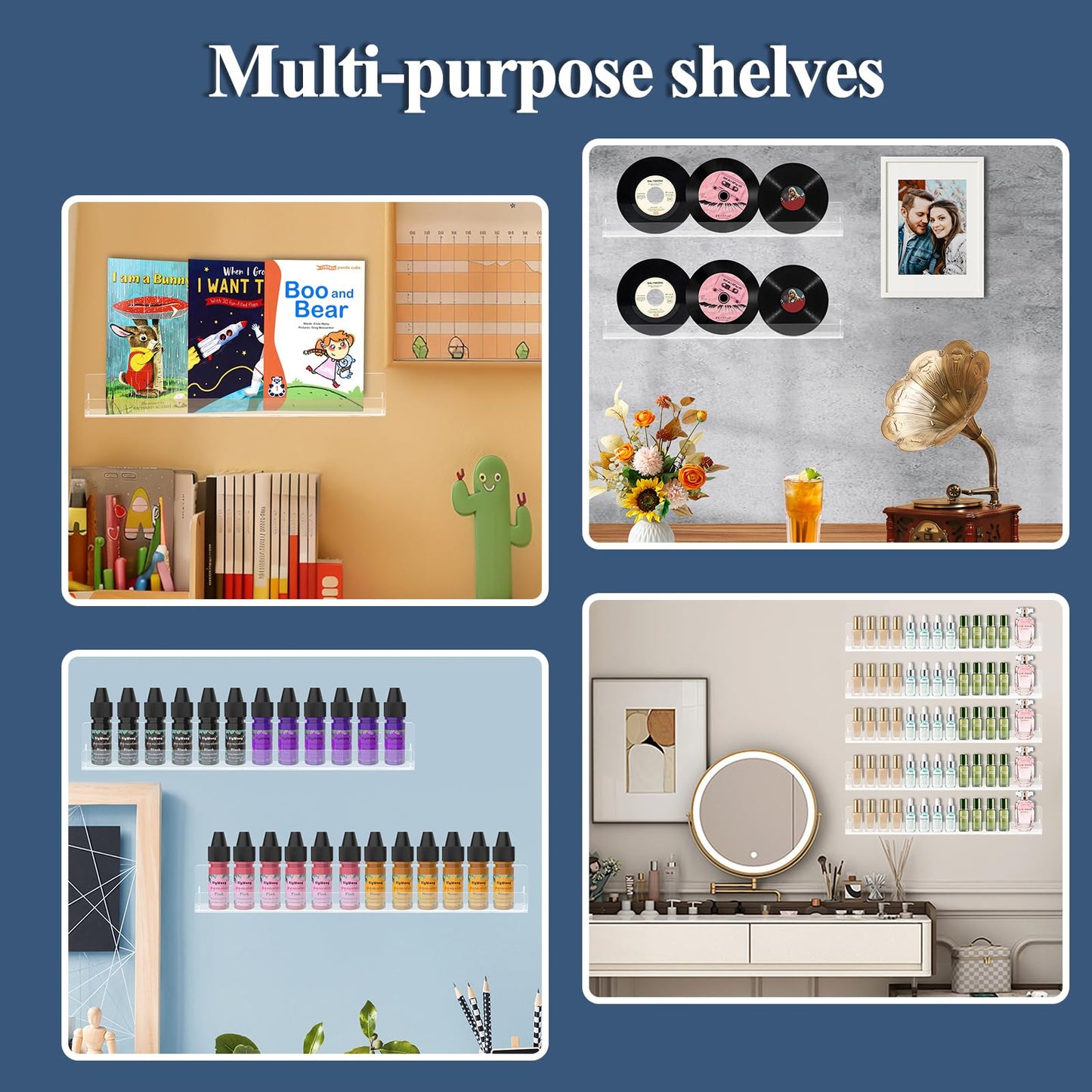 SOVQUEST Nail Polish Shelf Wall 15 Inch Acrylic Clear Rack Sunglass Organizer Multi-Purpose Floating Shelves for Beauty Salons Retailer Dressing Room (9 PCs)