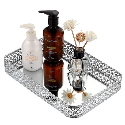 ELLDOO Perfume Mirror Tray Vanity Makeup Hollow-Carved Jewelry Organizer Glass Metal Trinket Storage Tray Home Decor Organizer for Dresser Bathroom Countertop,Silver,Medium Size