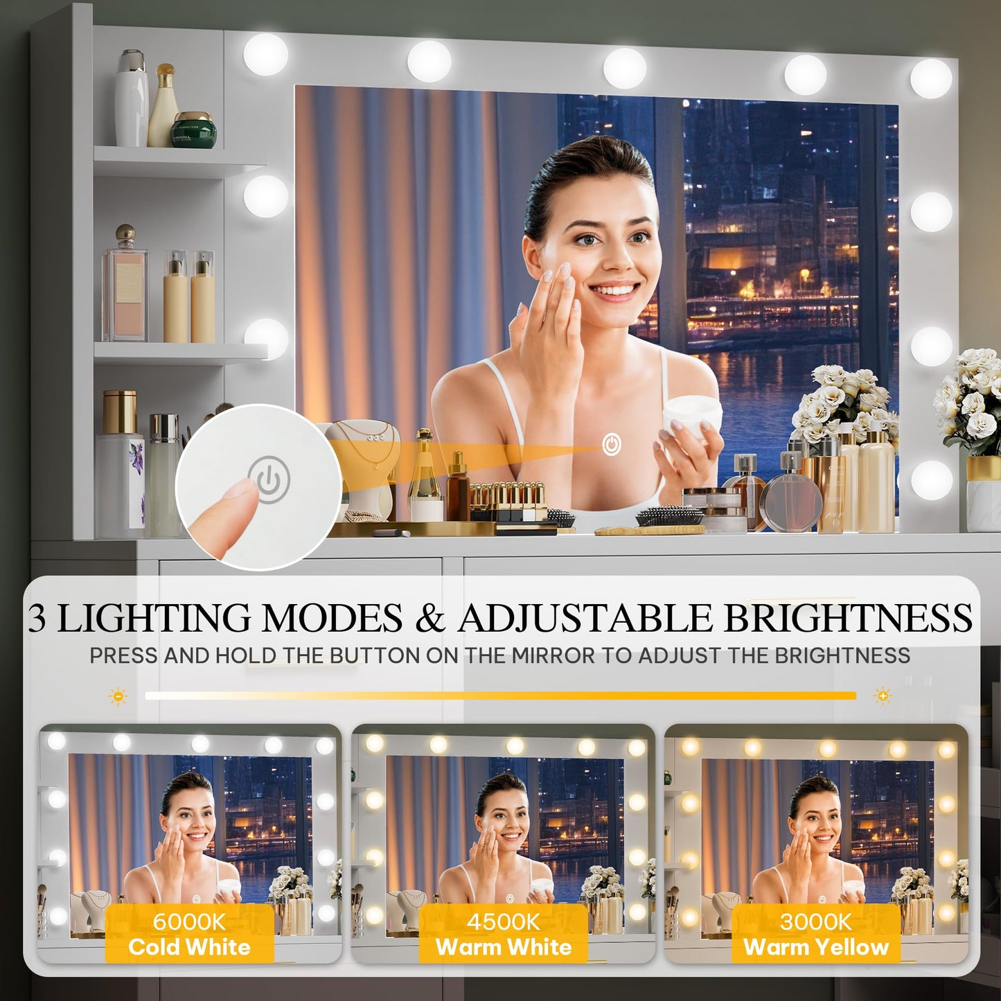 DWVO Makeup Vanity Desk with Mirror & Lights, 40inch Vanity Table with Power Outlets, 4 Drawers & 6 Open Storage Shelves, 3 Color Modes & Adjustable Brightness Dressing Table for Bedroom, White