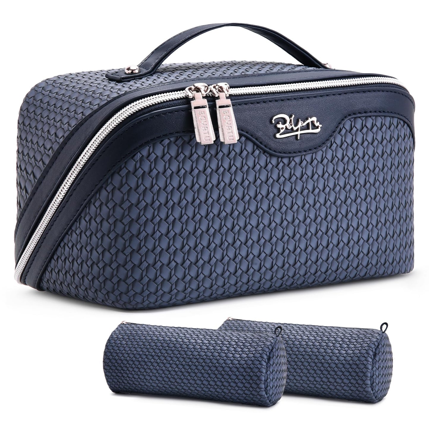 BOYATU Travel Makeup Bags for Women: Large Capacity Make up Bag with Wide Opening - 3 Pcs Set Waterproof Travel Toiletry Organizer for Full-Sized Bottles, Cosmetics & Brushes (Blue-W)