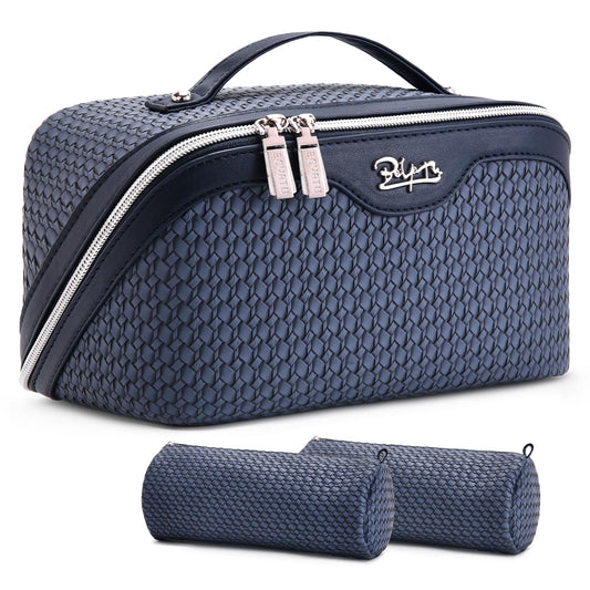 BOYATU Travel Makeup Bags for Women: Large Capacity Make up Bag with Wide Opening - 3 Pcs Set Waterproof Travel Toiletry Organizer for Full-Sized Bottles, Cosmetics & Brushes (Blue-W)