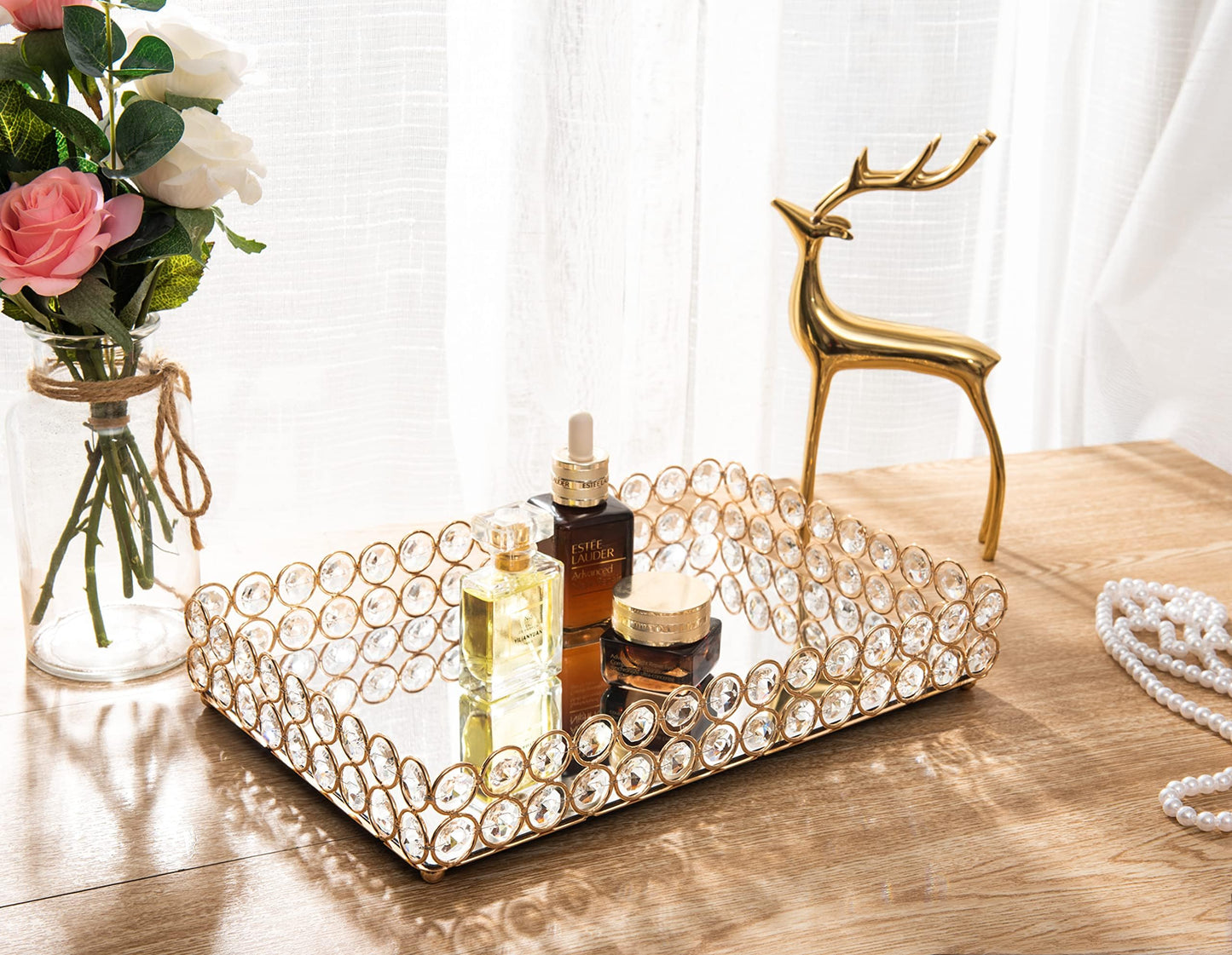 Feyarl Mirrored Crystal Vanity Makeup Tray Ornate Jewelry Trinket Organizer Cosmetic Perfume Bottle Decorative Tray Home Deco Dresser Skin Care Storage (Rectangle 12" x 8")