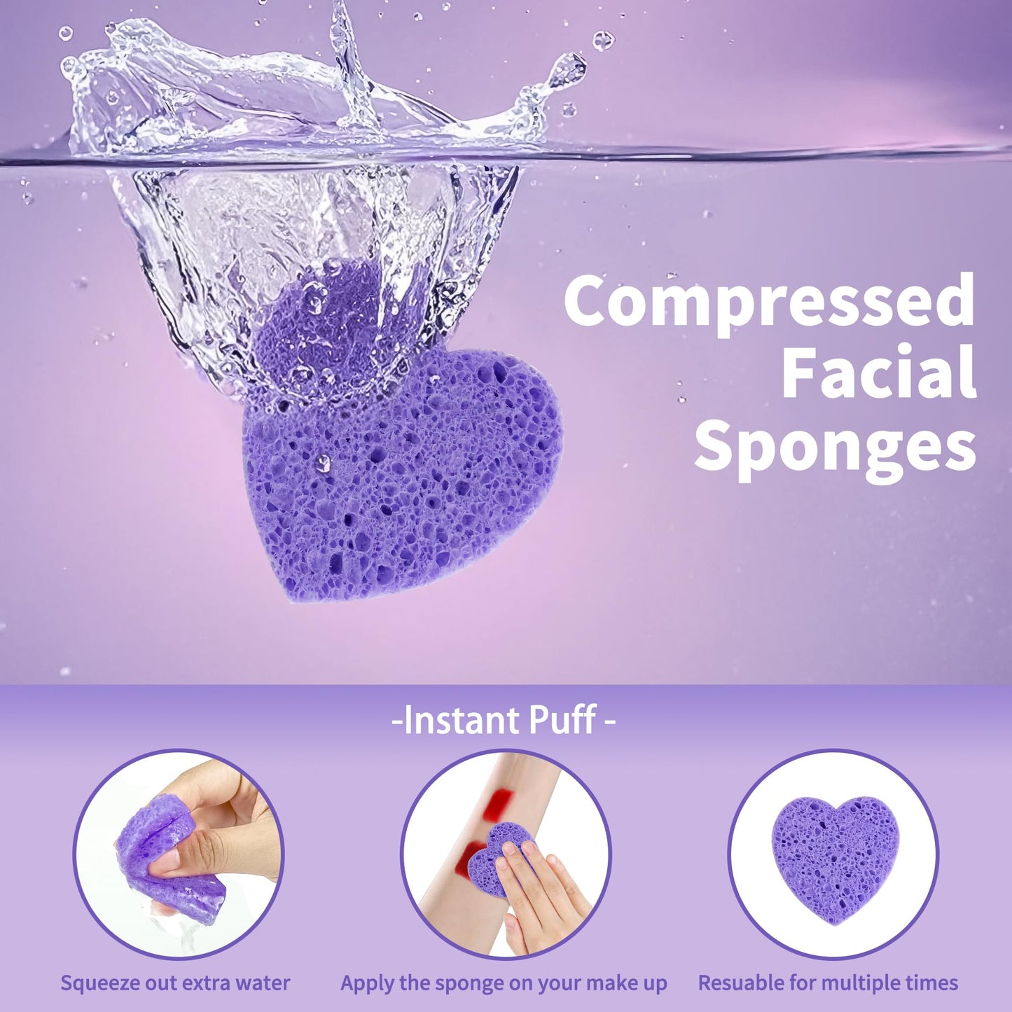 100-Count Compressed Facial Sponges, Heart Shape Face Sponge for Cleansing, Natural Cosmetic Spa Sponges for Facial Cleansing, Exfoliating Mask (Purple Heart Sponges)