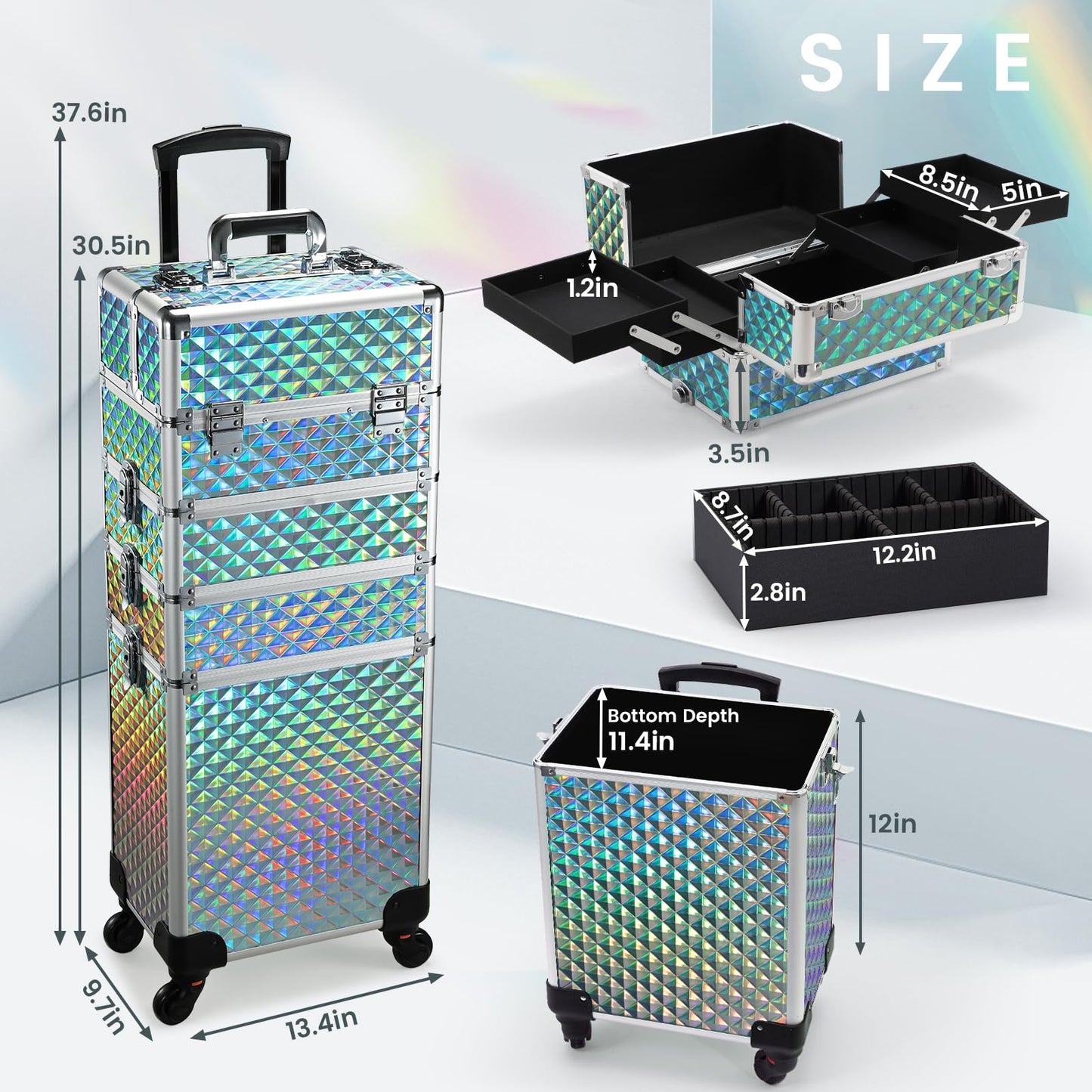 Stagiant Rolling Makeup Case Cosmetology Case on Wheels 4 in 1 Makeup Travel Case Large Cosmetic Organizer Storage with Key Swivel Wheels Nail Artist Salon Traveling Cart Trunk Watery Blue