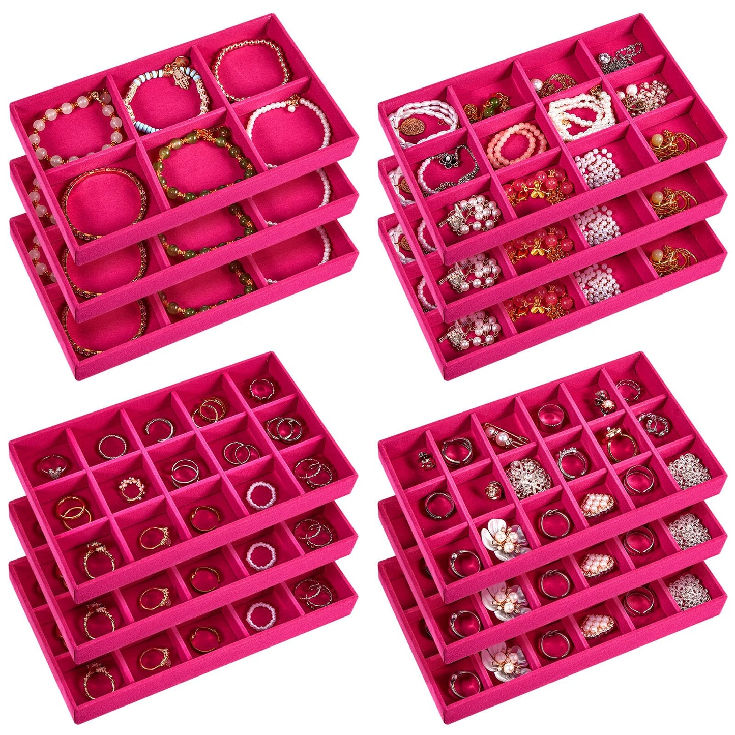 Junkin 12 Pcs Jewelry Tray Velvet Stackable Jewelry Organizer Trays Divided Earring Accessories Storage Containers Box (Rose Red)