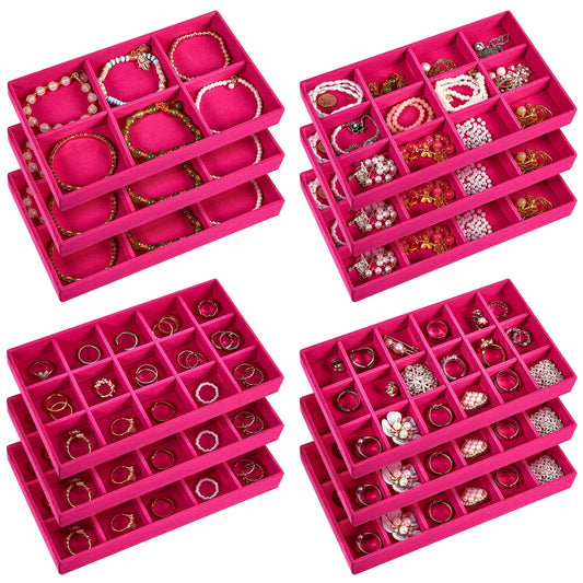Junkin 12 Pcs Jewelry Tray Velvet Stackable Jewelry Organizer Trays Divided Earring Accessories Storage Containers Box (Rose Red)